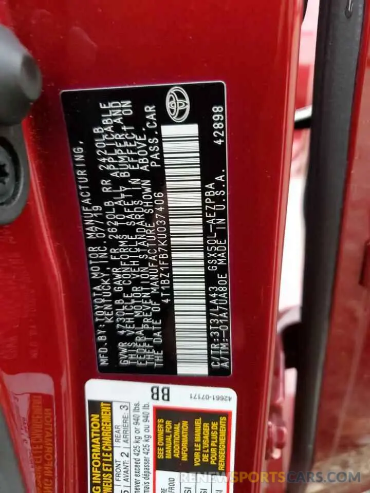 12 Photograph of a damaged car 4T1BZ1FB7KU037406 TOYOTA AVALON 2019