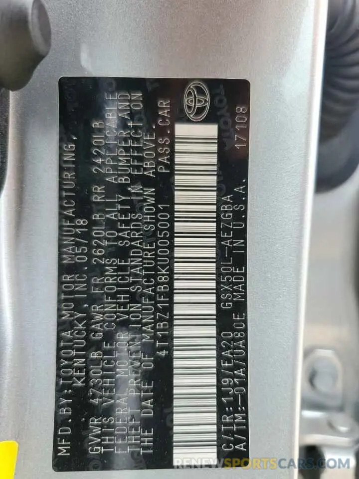 12 Photograph of a damaged car 4T1BZ1FB8KU005001 TOYOTA AVALON 2019