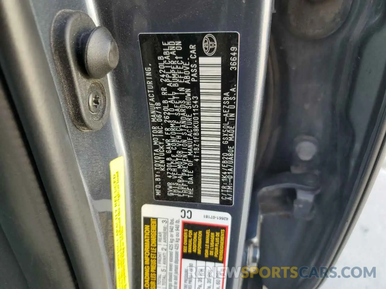 12 Photograph of a damaged car 4T1BZ1FB8KU011543 TOYOTA AVALON 2019