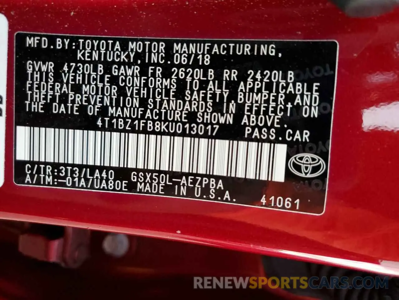 13 Photograph of a damaged car 4T1BZ1FB8KU013017 TOYOTA AVALON 2019