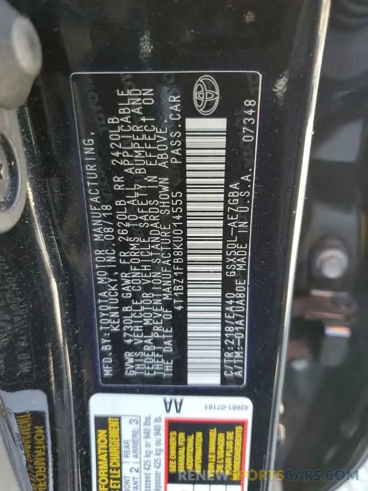 12 Photograph of a damaged car 4T1BZ1FB8KU014555 TOYOTA AVALON 2019