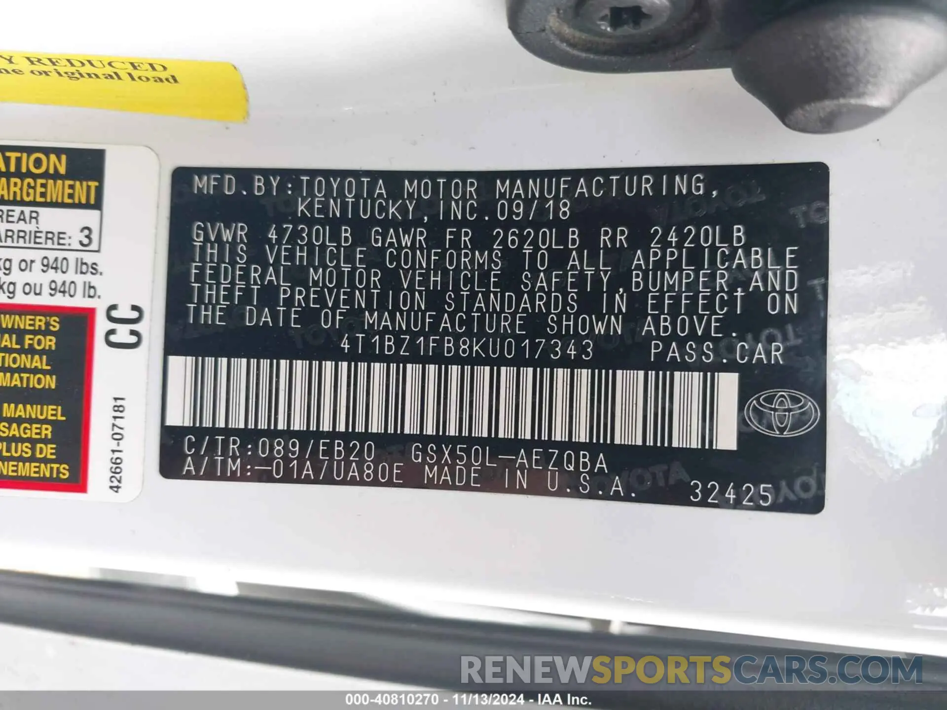 9 Photograph of a damaged car 4T1BZ1FB8KU017343 TOYOTA AVALON 2019
