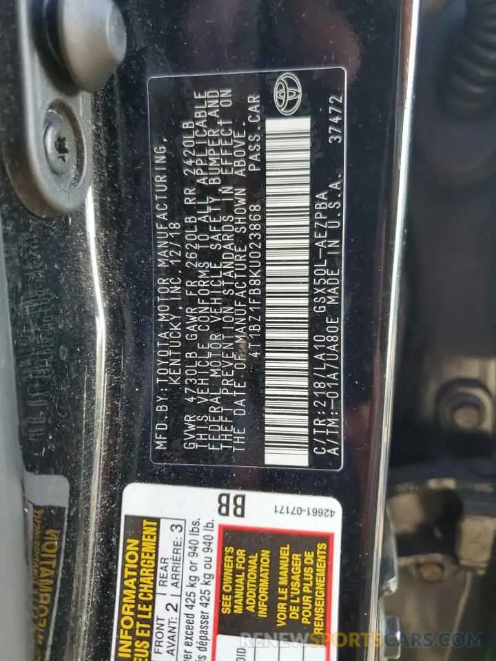 14 Photograph of a damaged car 4T1BZ1FB8KU023868 TOYOTA AVALON 2019