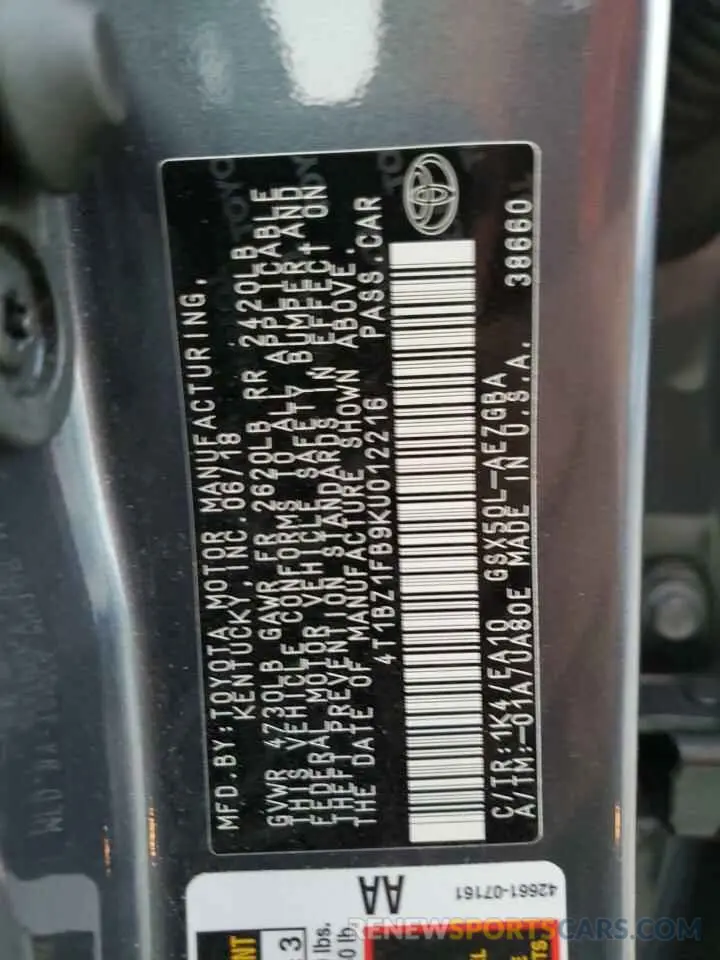 12 Photograph of a damaged car 4T1BZ1FB9KU012216 TOYOTA AVALON 2019
