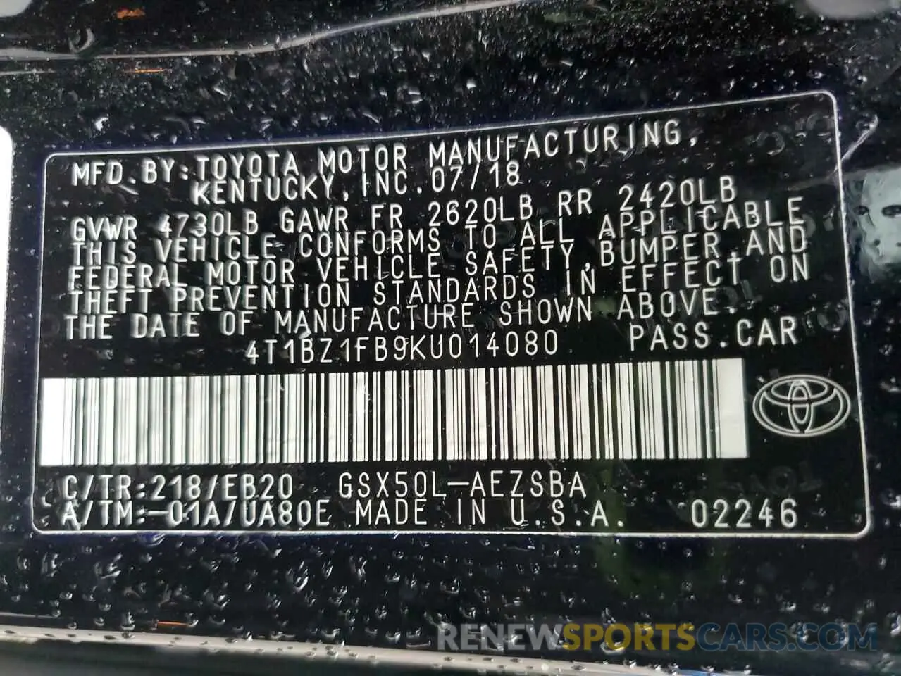 12 Photograph of a damaged car 4T1BZ1FB9KU014080 TOYOTA AVALON 2019