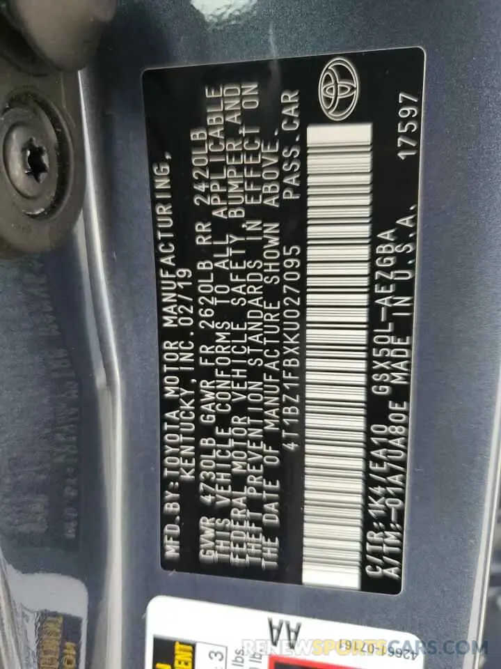 13 Photograph of a damaged car 4T1BZ1FBXKU027095 TOYOTA AVALON 2019