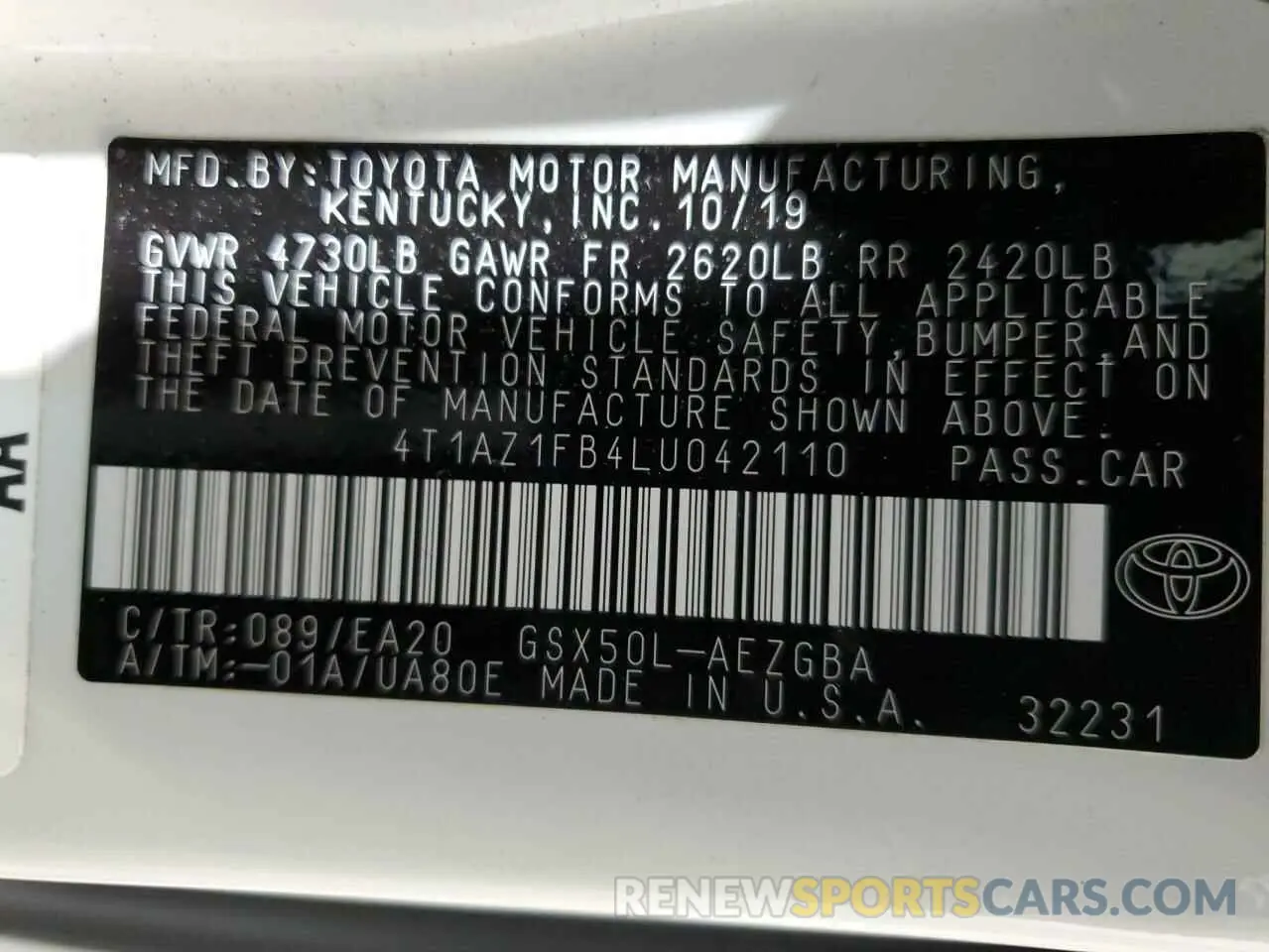 13 Photograph of a damaged car 4T1AZ1FB4LU042110 TOYOTA AVALON 2020