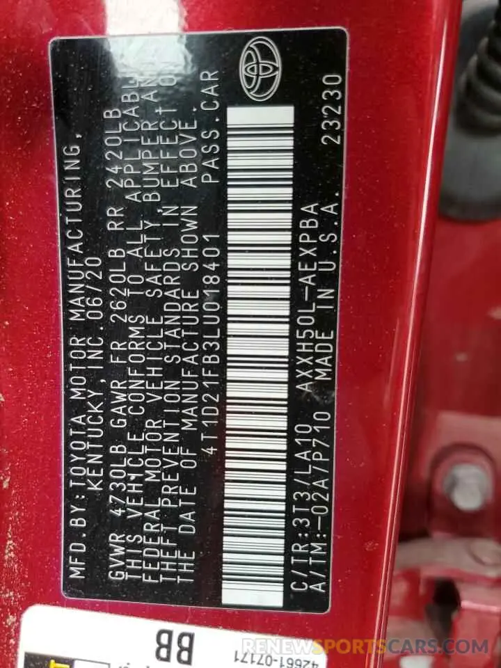 12 Photograph of a damaged car 4T1D21FB3LU018401 TOYOTA AVALON 2020