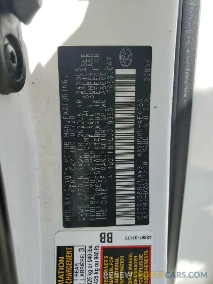 12 Photograph of a damaged car 4T1D21FB4LU019380 TOYOTA AVALON 2020