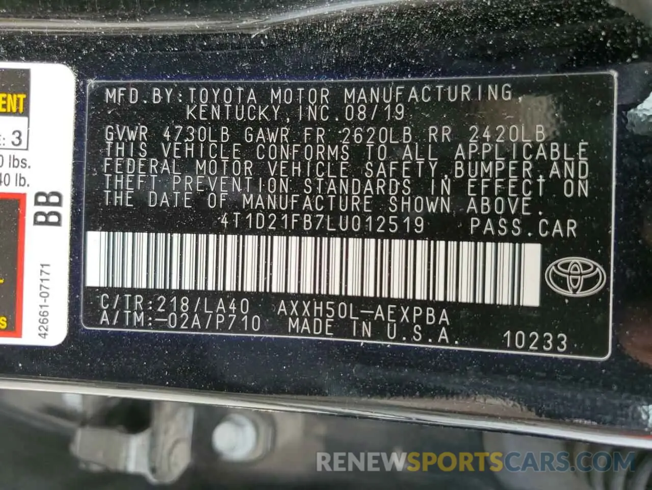 12 Photograph of a damaged car 4T1D21FB7LU012519 TOYOTA AVALON 2020