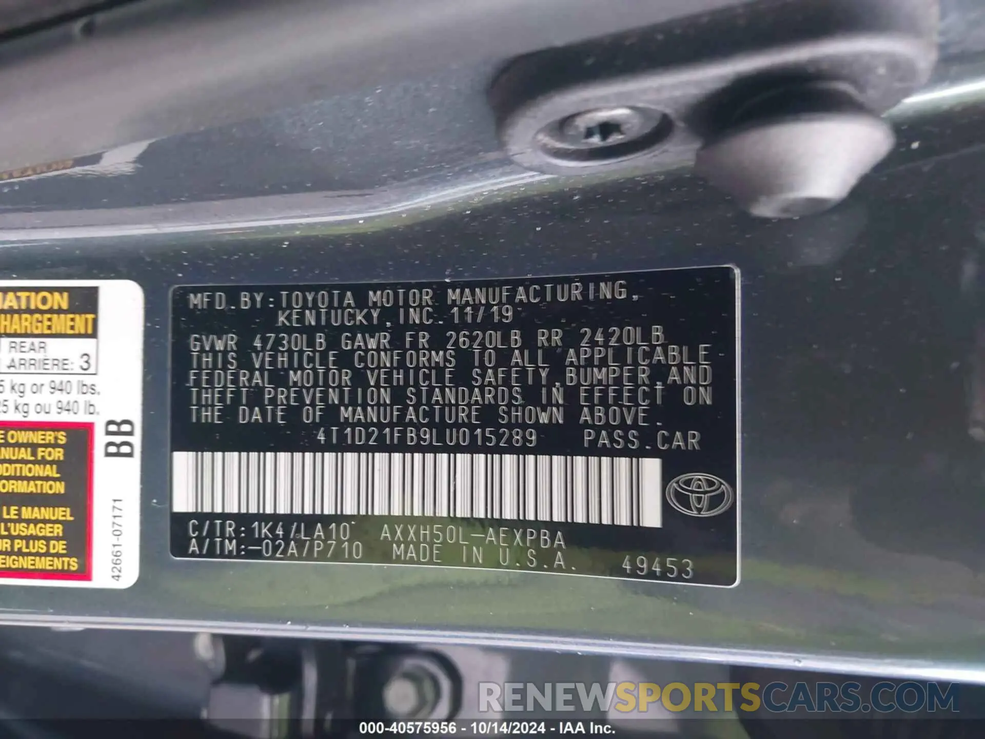 9 Photograph of a damaged car 4T1D21FB9LU015289 TOYOTA AVALON 2020