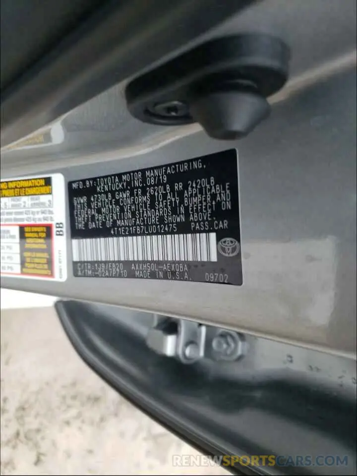10 Photograph of a damaged car 4T1E21FB7LU012475 TOYOTA AVALON 2020