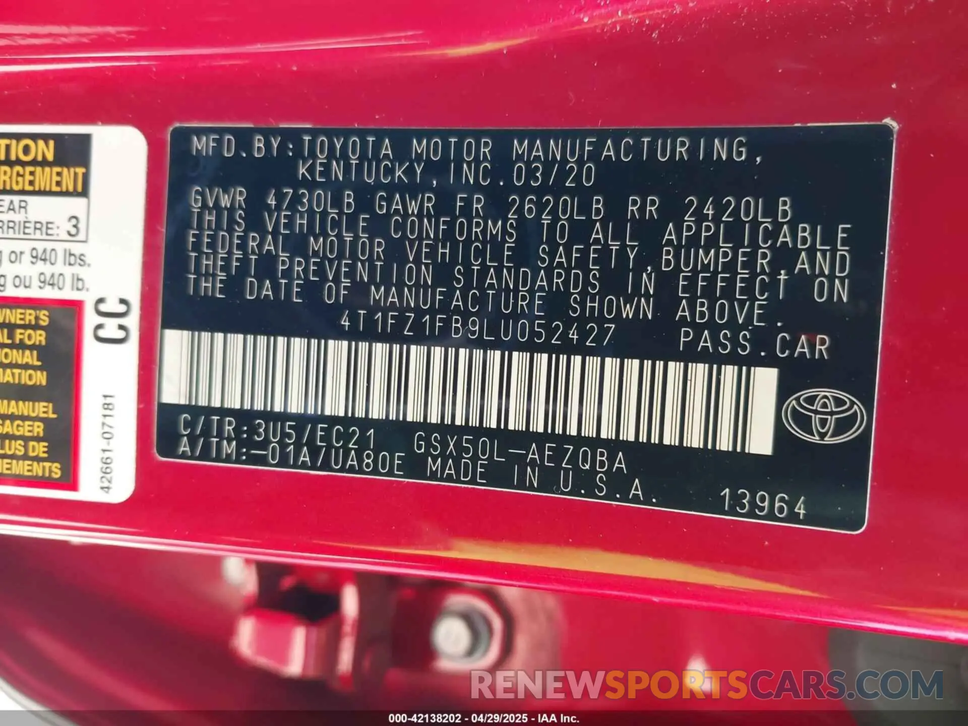 9 Photograph of a damaged car 4T1FZ1FB9LU052427 TOYOTA AVALON 2020