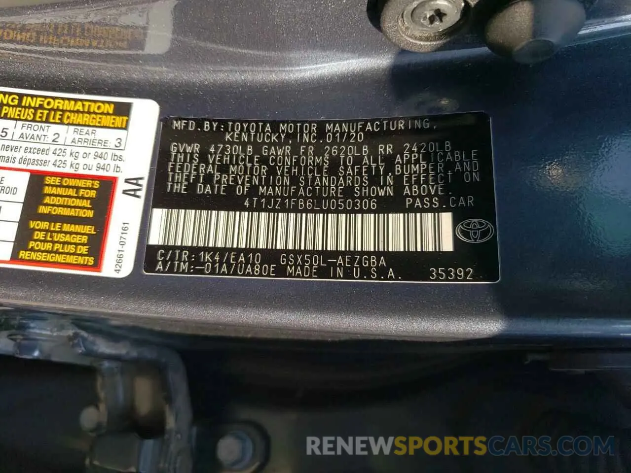 12 Photograph of a damaged car 4T1JZ1FB6LU050306 TOYOTA AVALON 2020