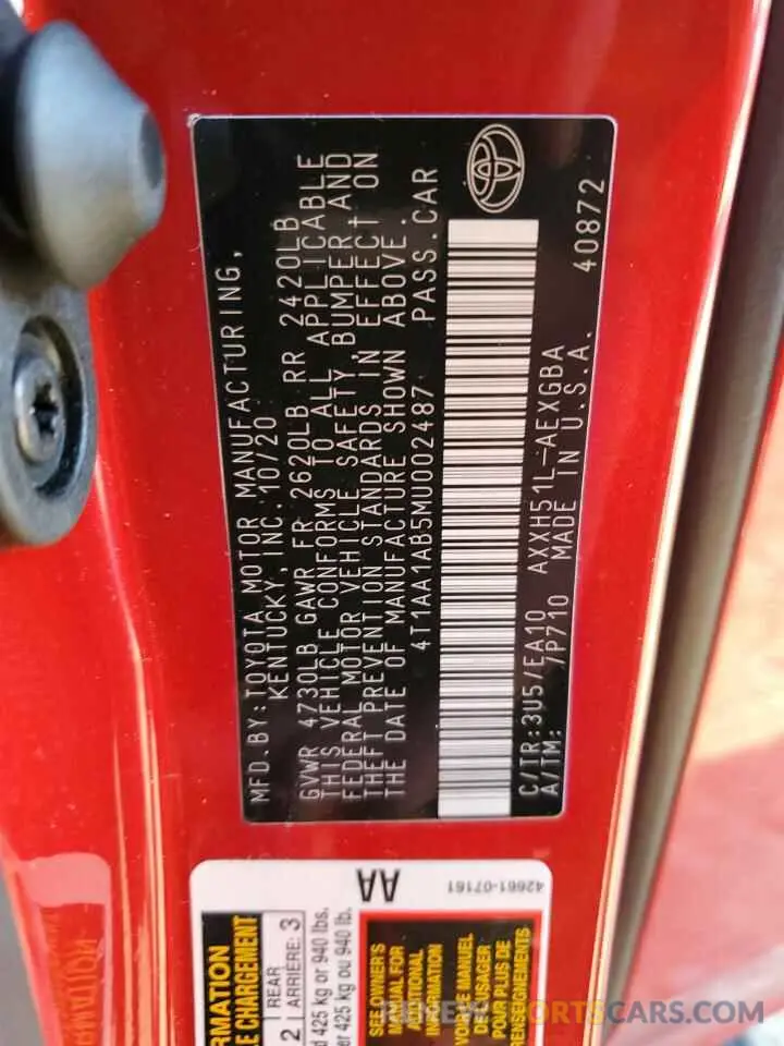 12 Photograph of a damaged car 4T1AA1AB5MU002487 TOYOTA AVALON 2021