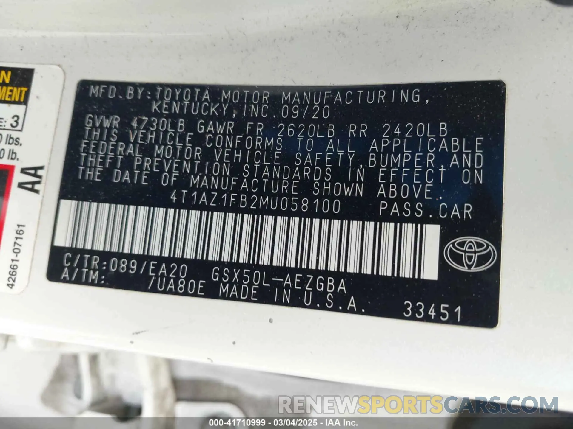9 Photograph of a damaged car 4T1AZ1FB2MU058100 TOYOTA AVALON 2021