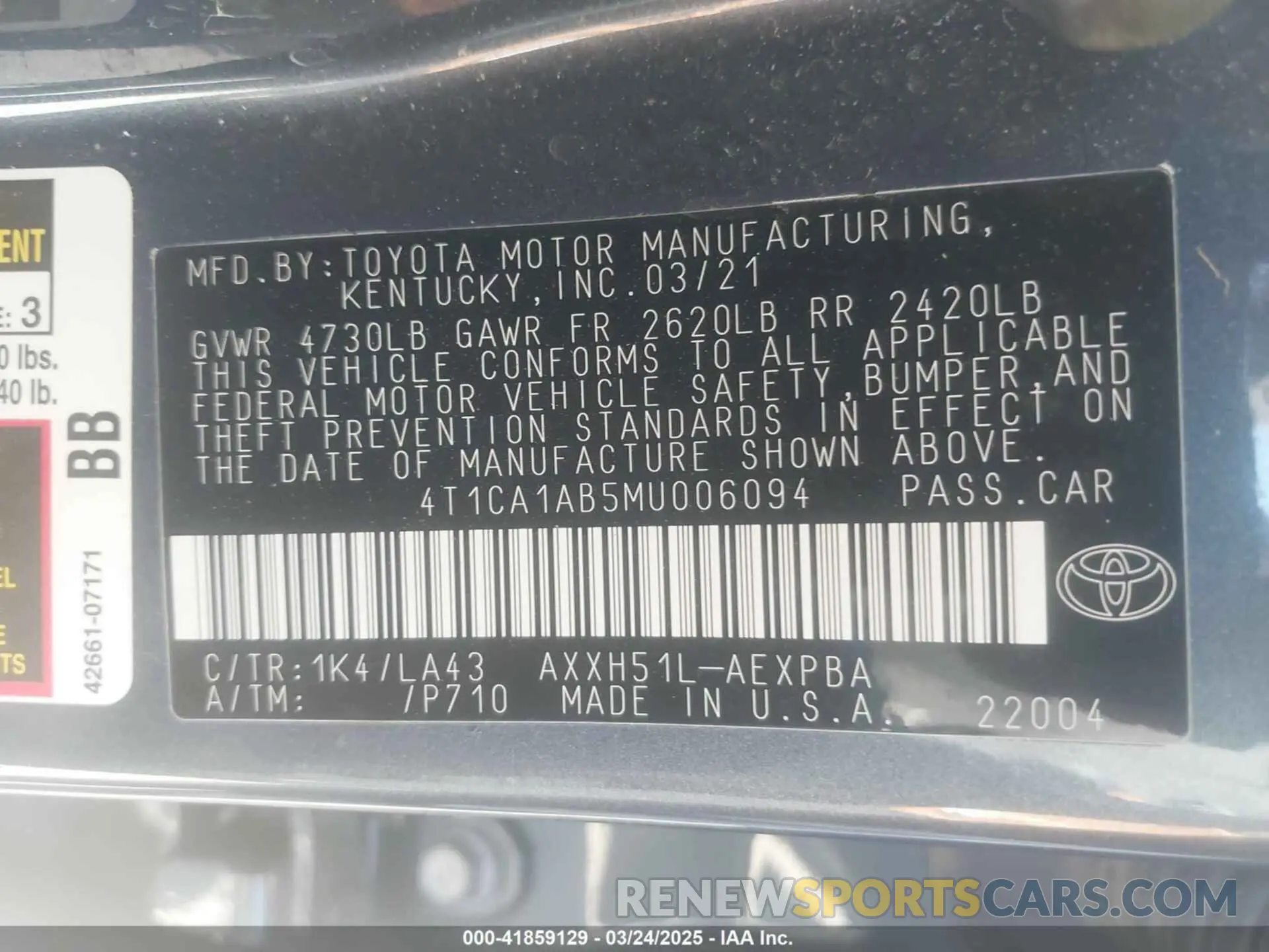 9 Photograph of a damaged car 4T1CA1AB5MU006094 TOYOTA AVALON 2021