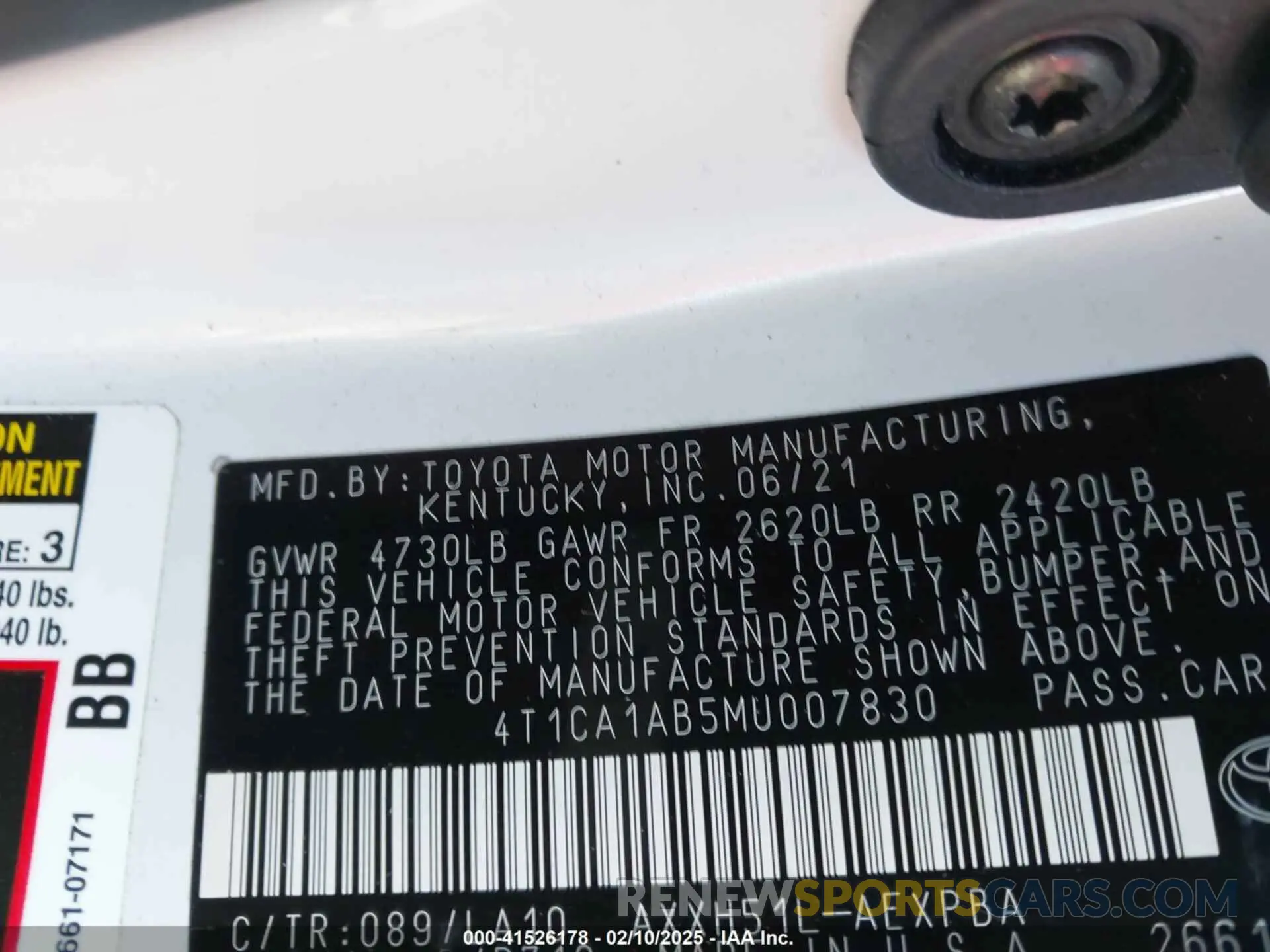 9 Photograph of a damaged car 4T1CA1AB5MU007830 TOYOTA AVALON 2021