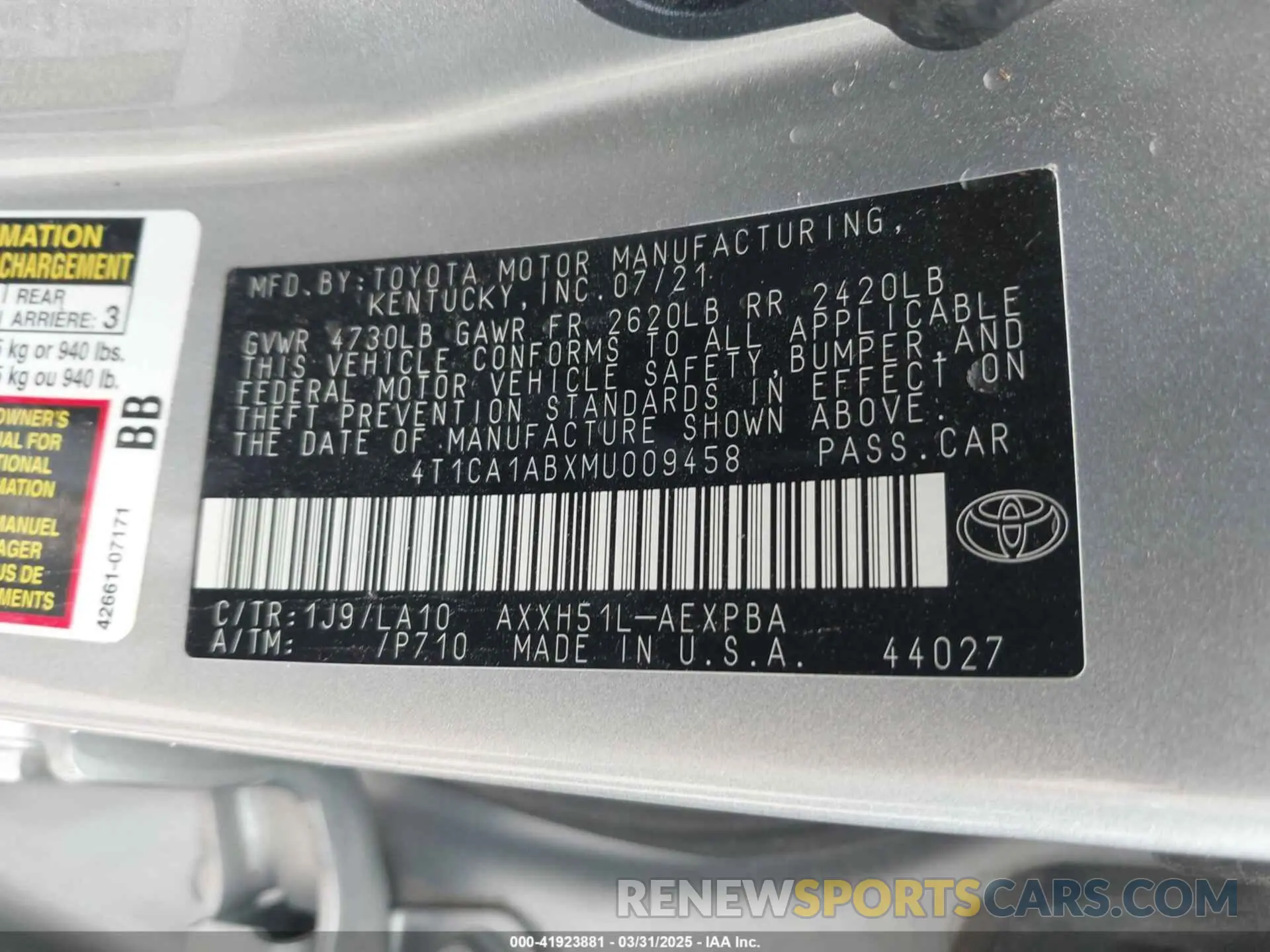 9 Photograph of a damaged car 4T1CA1ABXMU009458 TOYOTA AVALON 2021