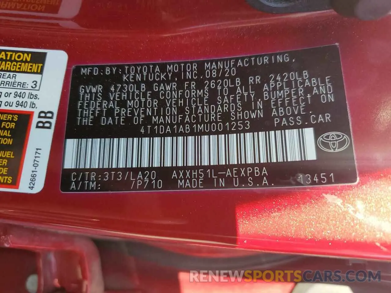 13 Photograph of a damaged car 4T1DA1AB1MU001253 TOYOTA AVALON 2021