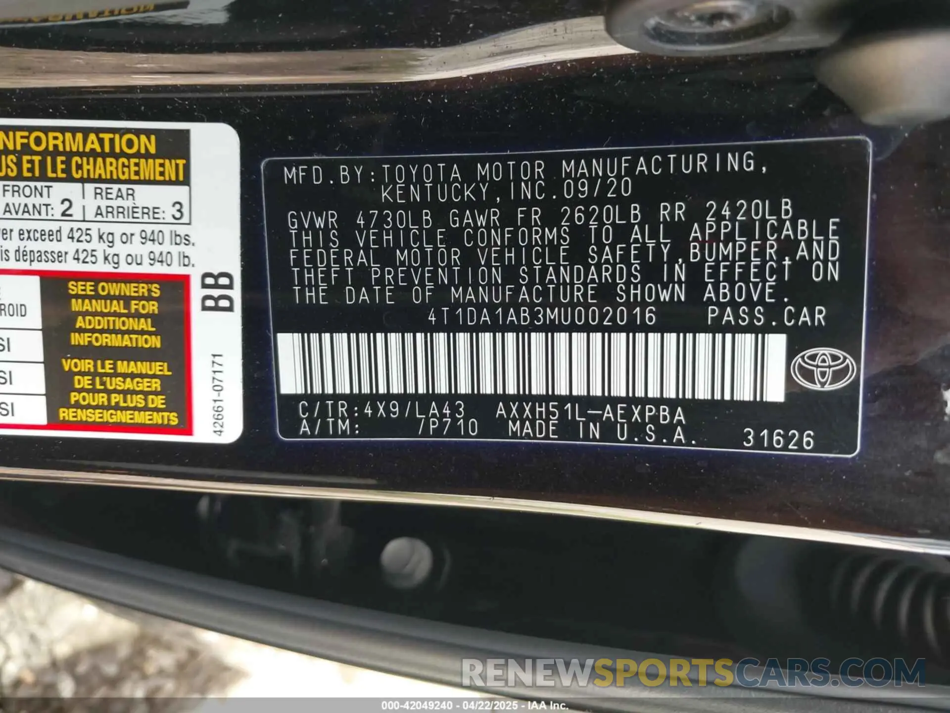 9 Photograph of a damaged car 4T1DA1AB3MU002016 TOYOTA AVALON 2021