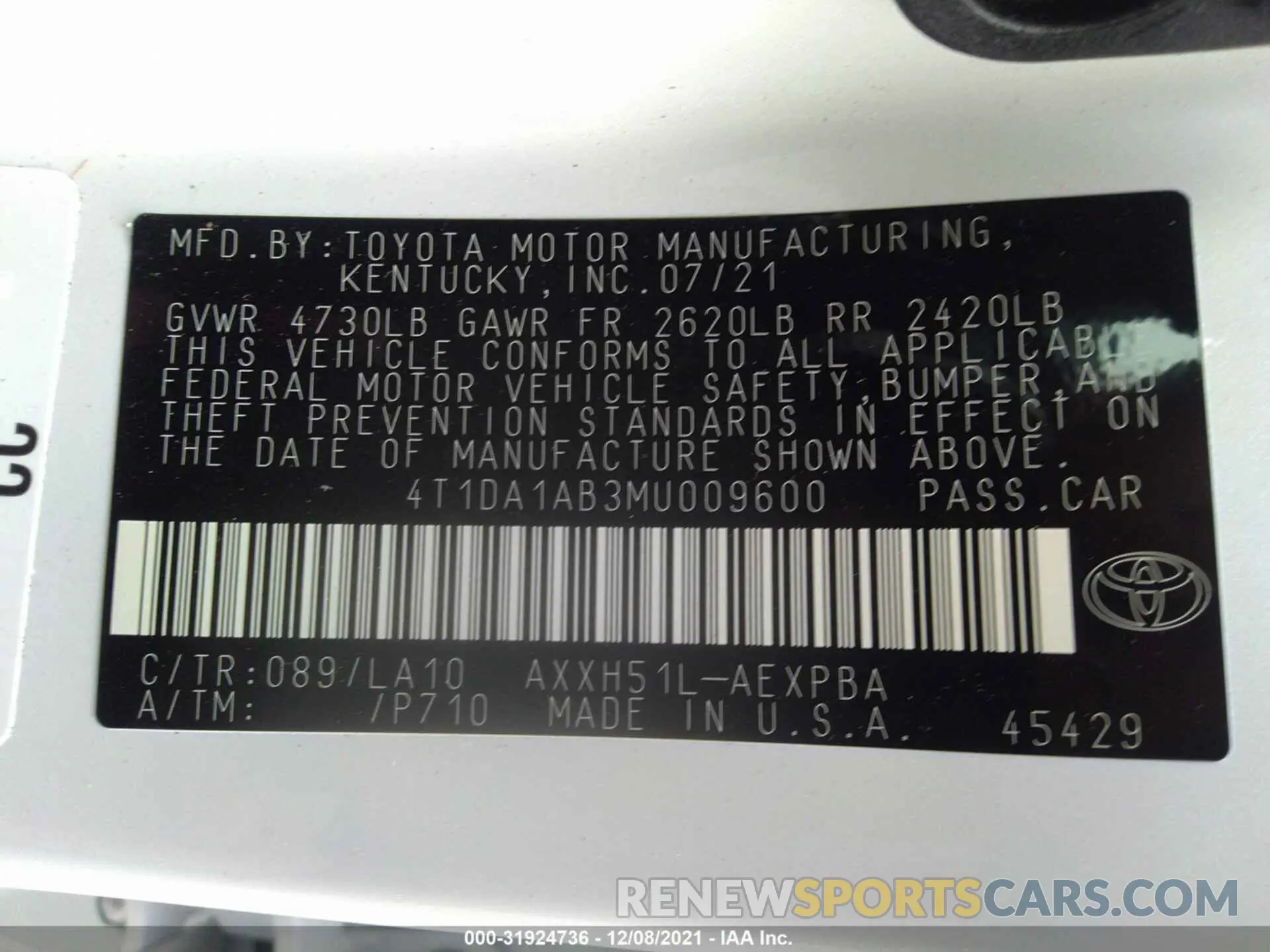 9 Photograph of a damaged car 4T1DA1AB3MU009600 TOYOTA AVALON 2021