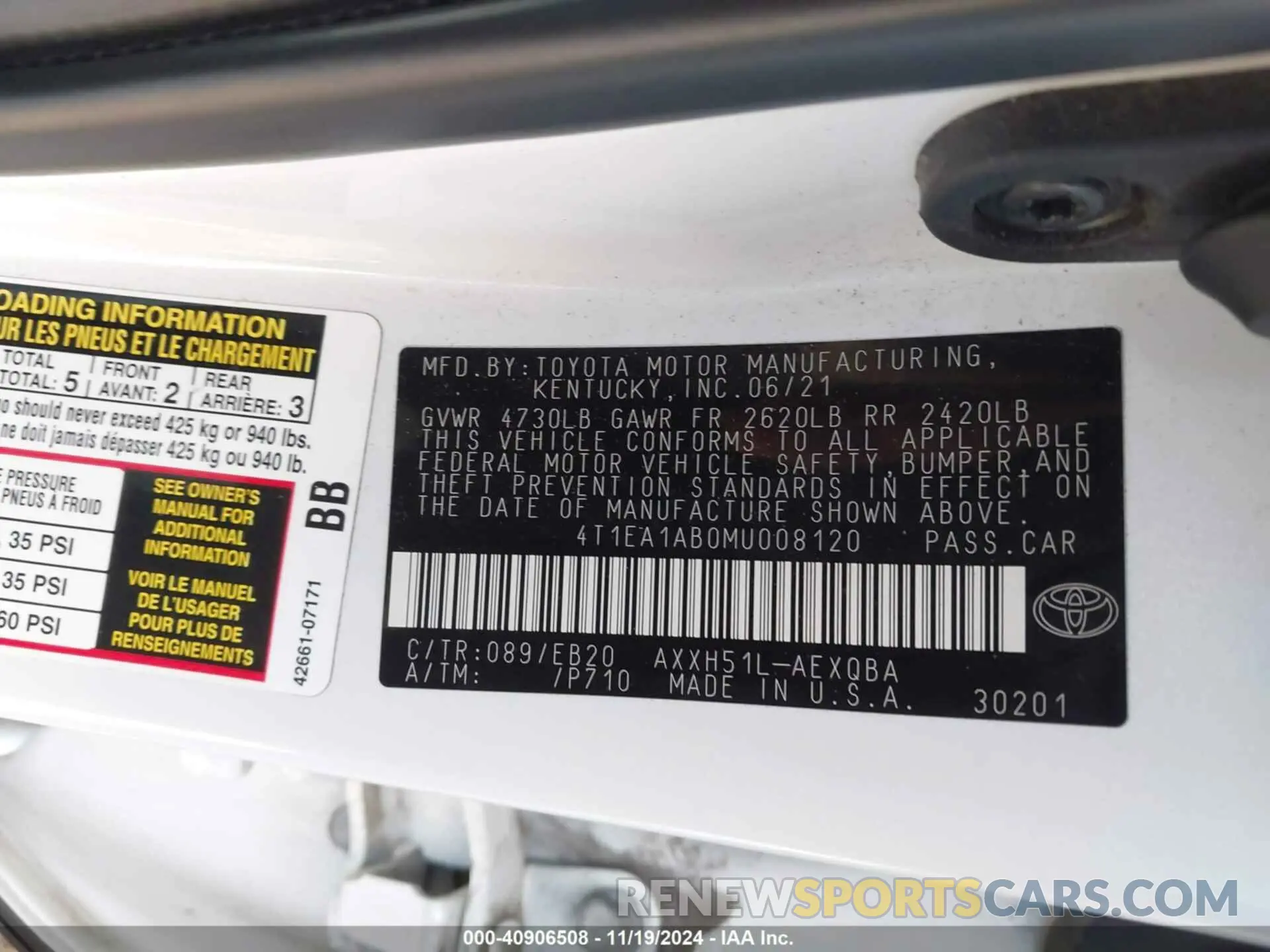 9 Photograph of a damaged car 4T1EA1AB0MU008120 TOYOTA AVALON 2021