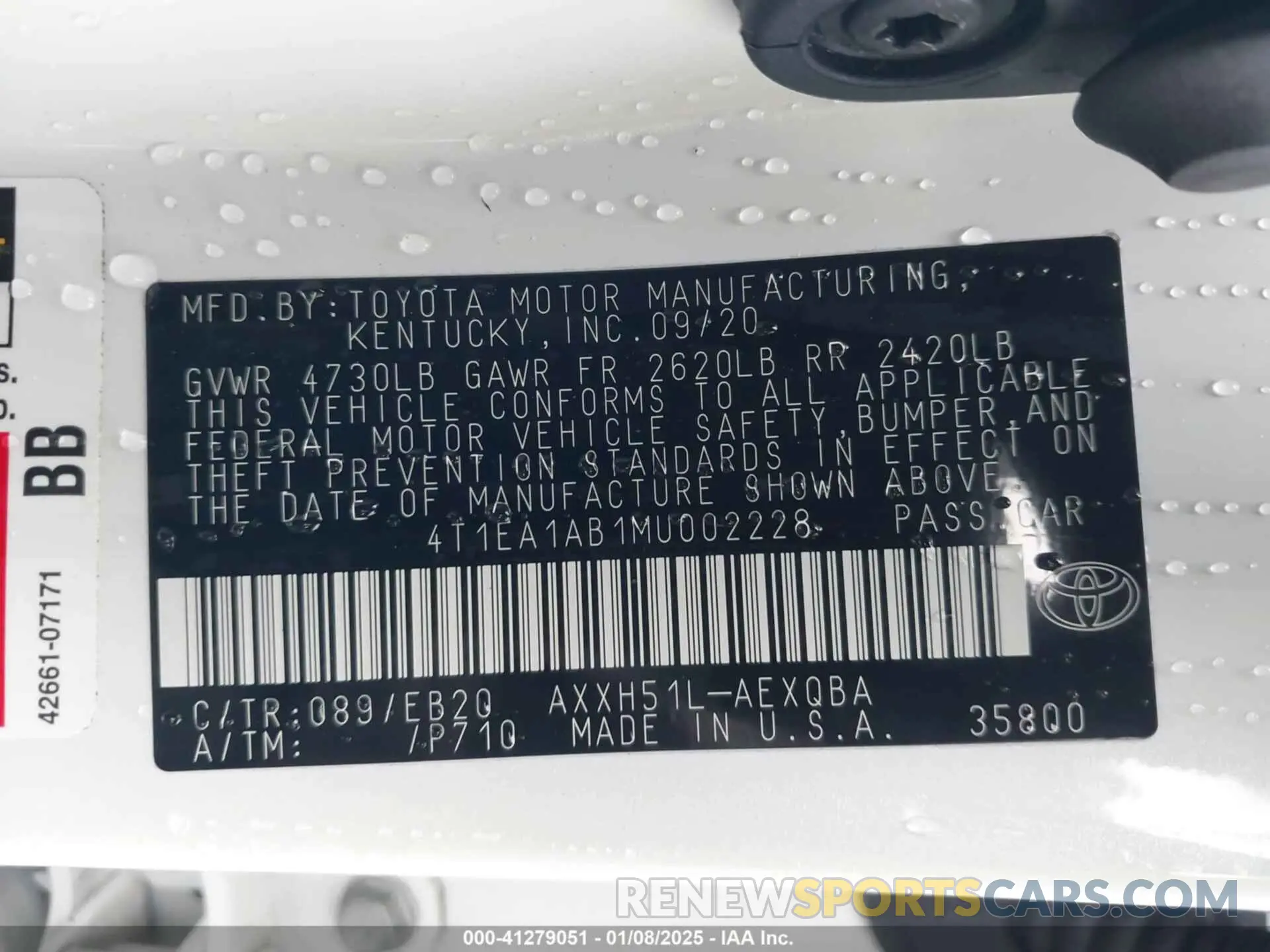 9 Photograph of a damaged car 4T1EA1AB1MU002228 TOYOTA AVALON 2021