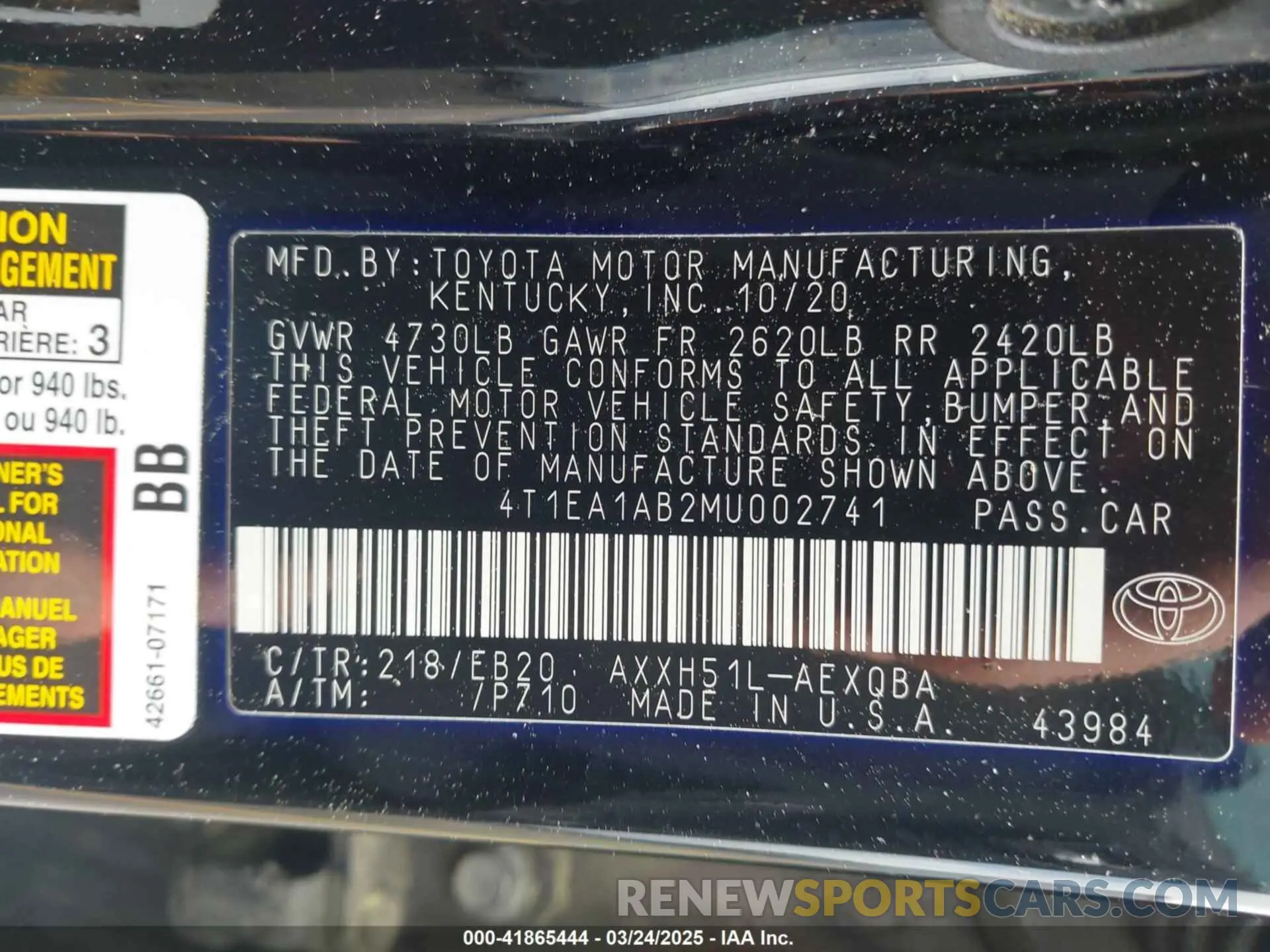 9 Photograph of a damaged car 4T1EA1AB2MU002741 TOYOTA AVALON 2021