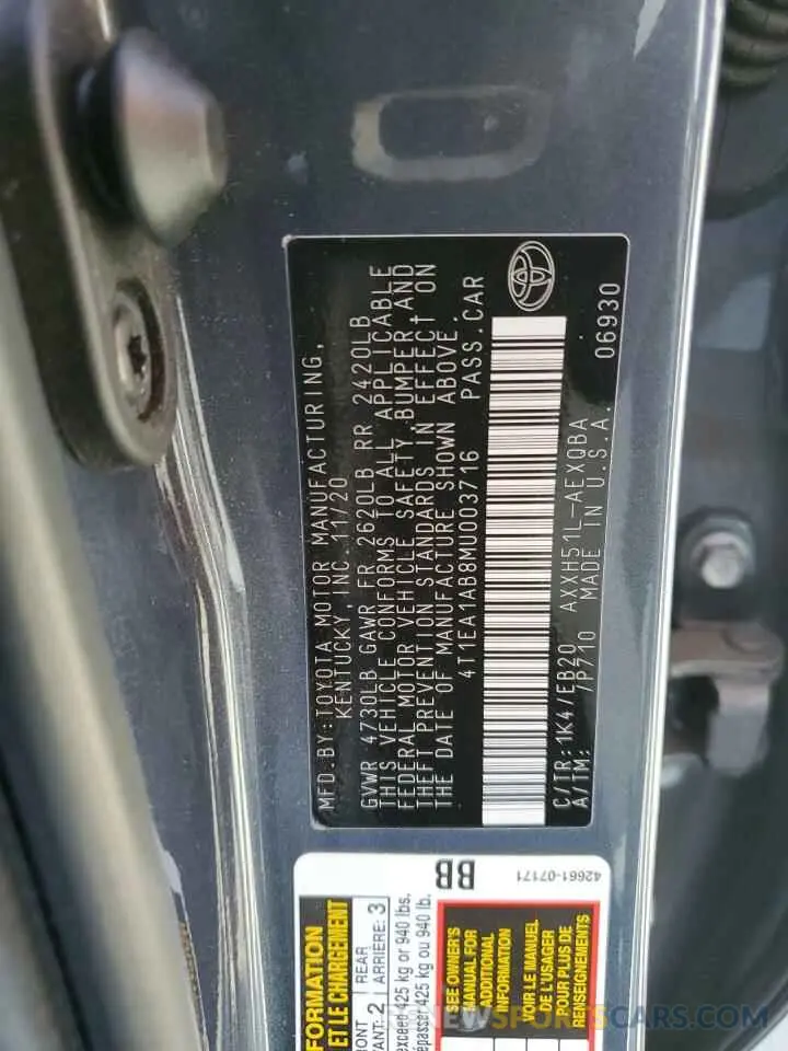 13 Photograph of a damaged car 4T1EA1AB8MU003716 TOYOTA AVALON 2021
