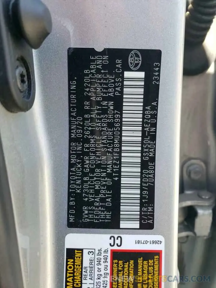 12 Photograph of a damaged car 4T1EZ1FB8MU056997 TOYOTA AVALON 2021