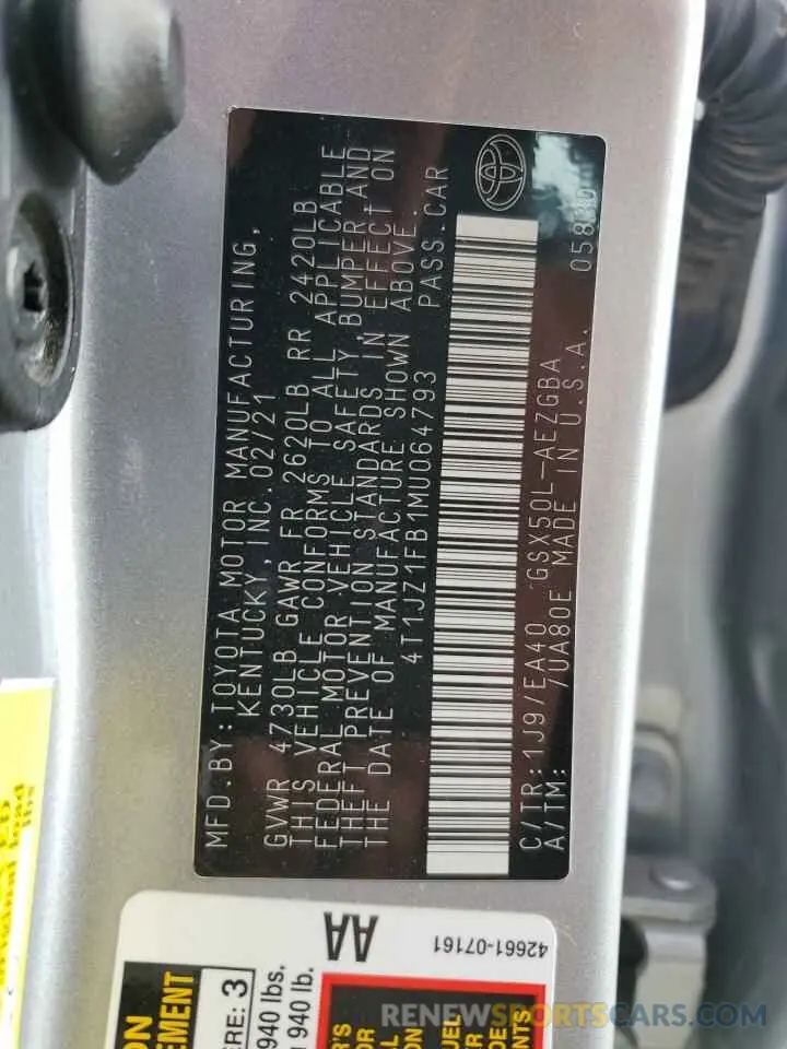 13 Photograph of a damaged car 4T1JZ1FB1MU064793 TOYOTA AVALON 2021