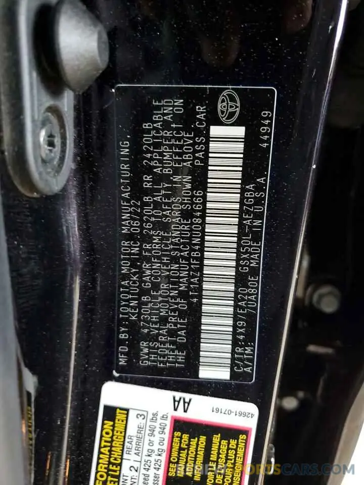 12 Photograph of a damaged car 4T1AZ1FB4NU084666 TOYOTA AVALON 2022