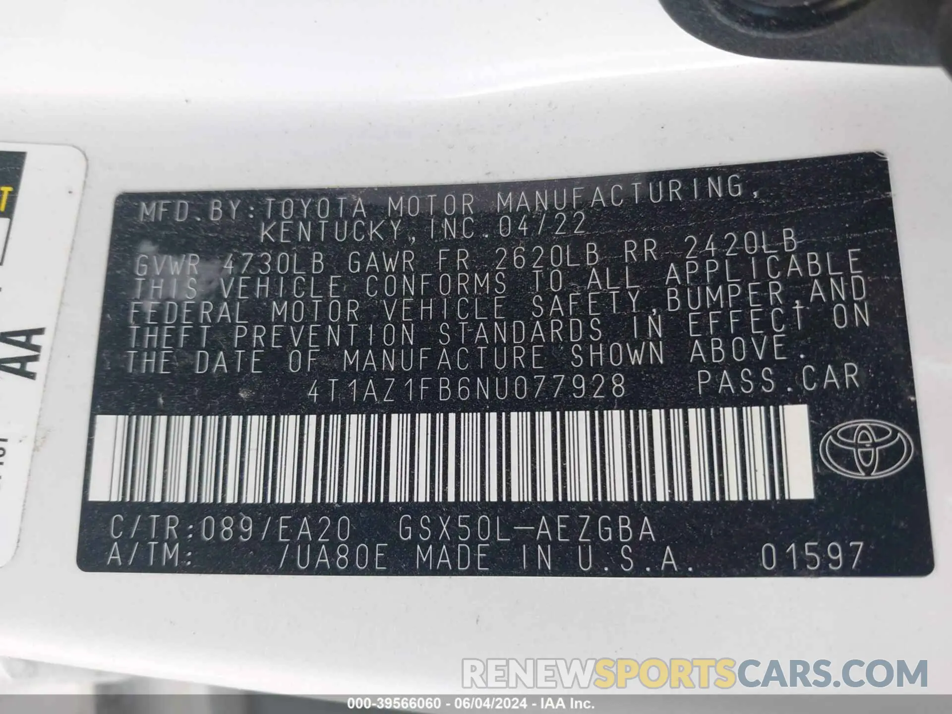 9 Photograph of a damaged car 4T1AZ1FB6NU077928 TOYOTA AVALON 2022