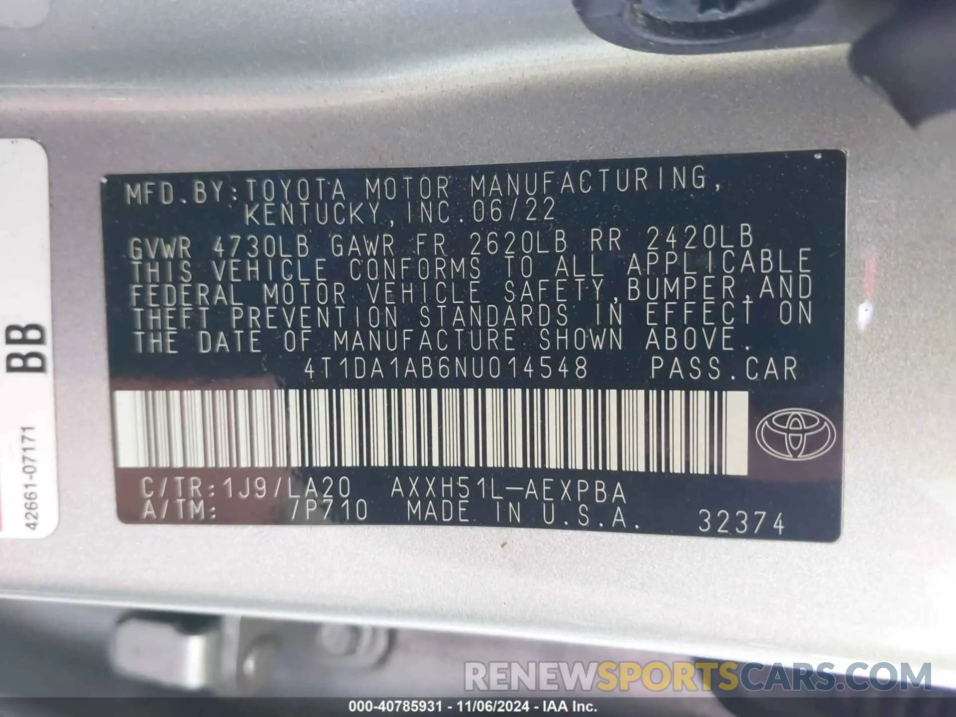 9 Photograph of a damaged car 4T1DA1AB6NU014548 TOYOTA AVALON 2022