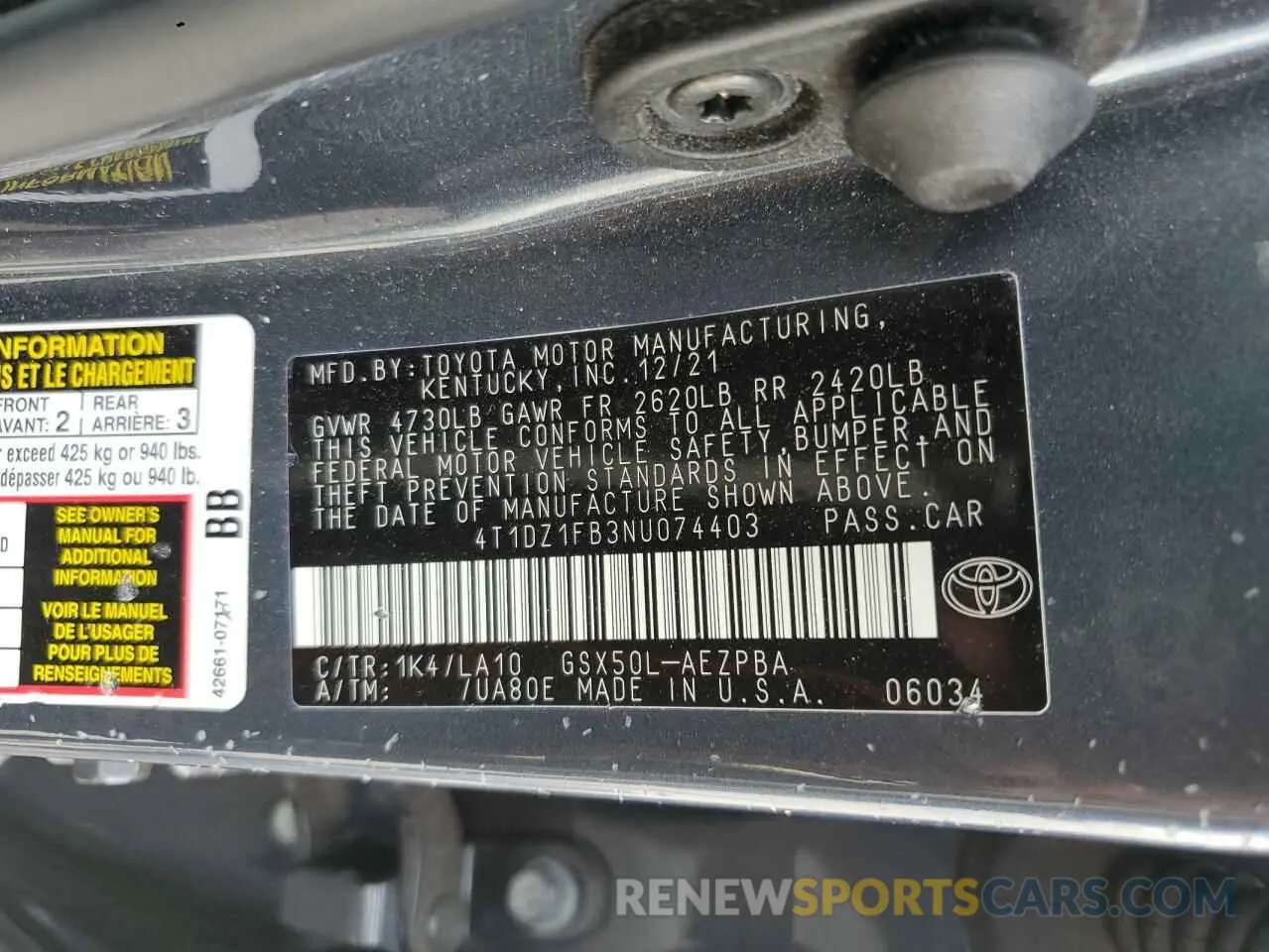12 Photograph of a damaged car 4T1DZ1FB3NU074403 TOYOTA AVALON 2022