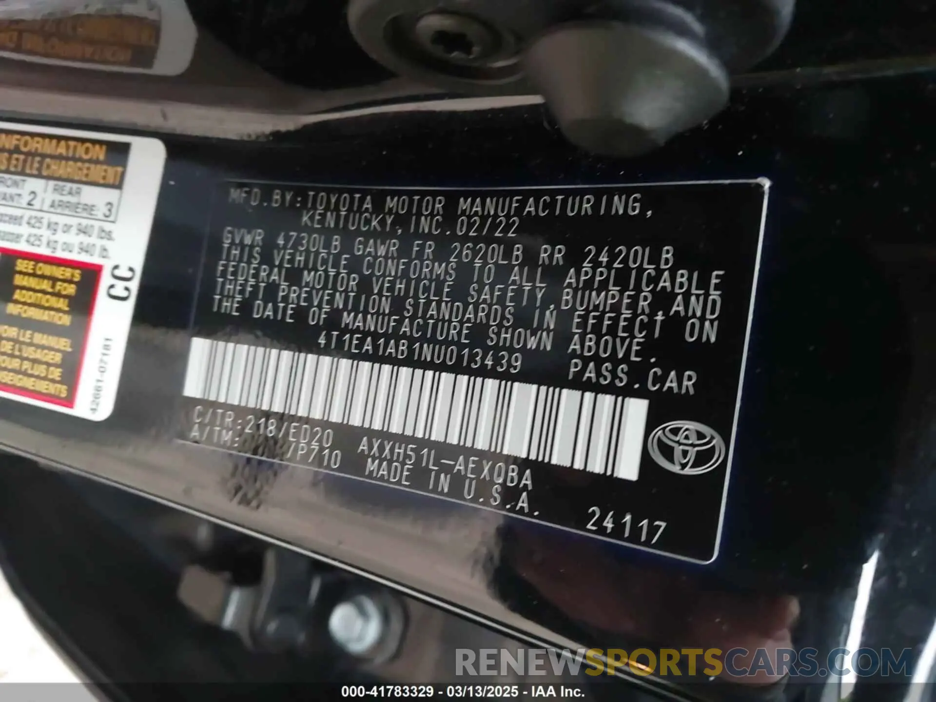 9 Photograph of a damaged car 4T1EA1AB1NU013439 TOYOTA AVALON 2022