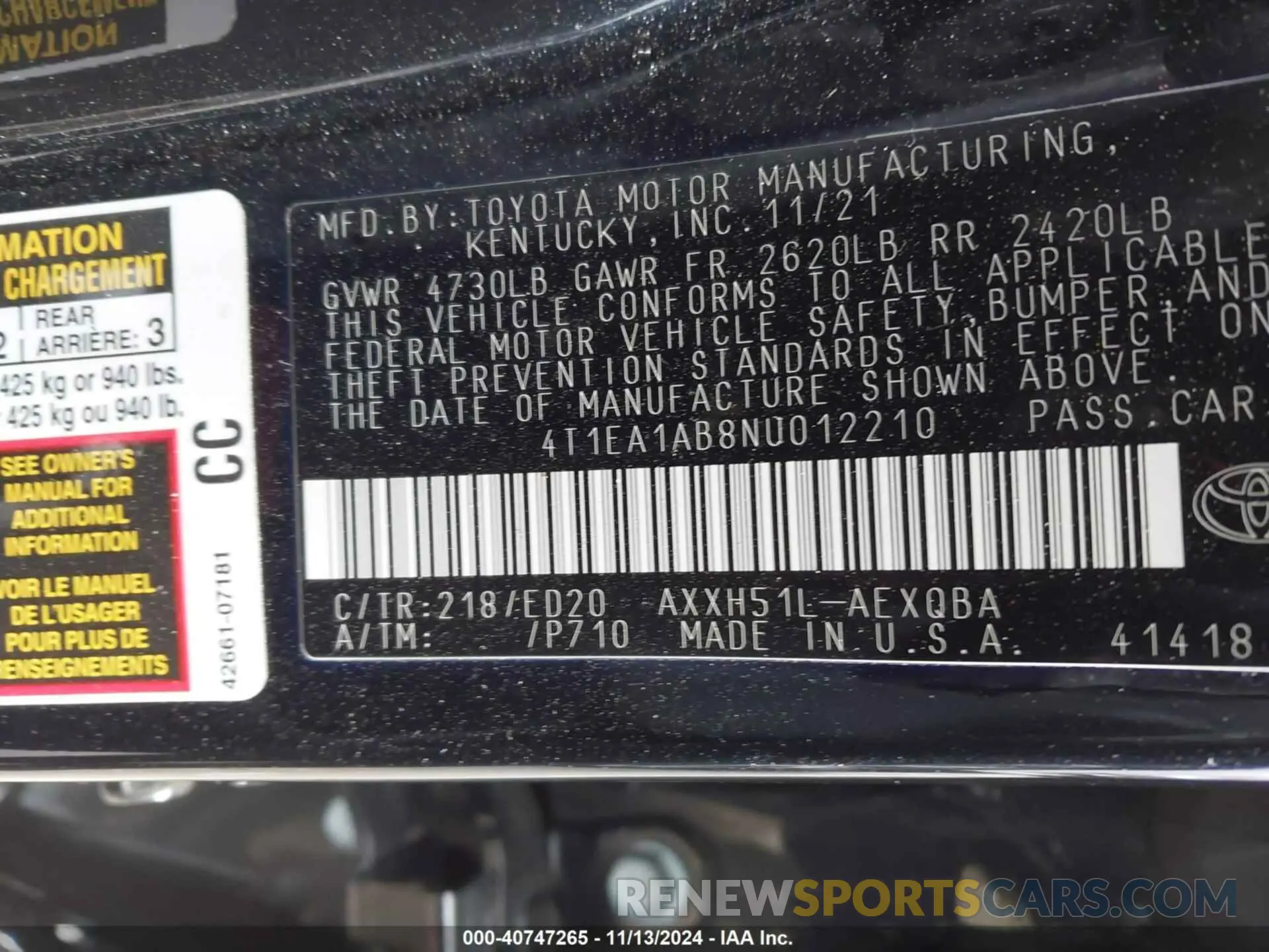 9 Photograph of a damaged car 4T1EA1AB8NU012210 TOYOTA AVALON 2022