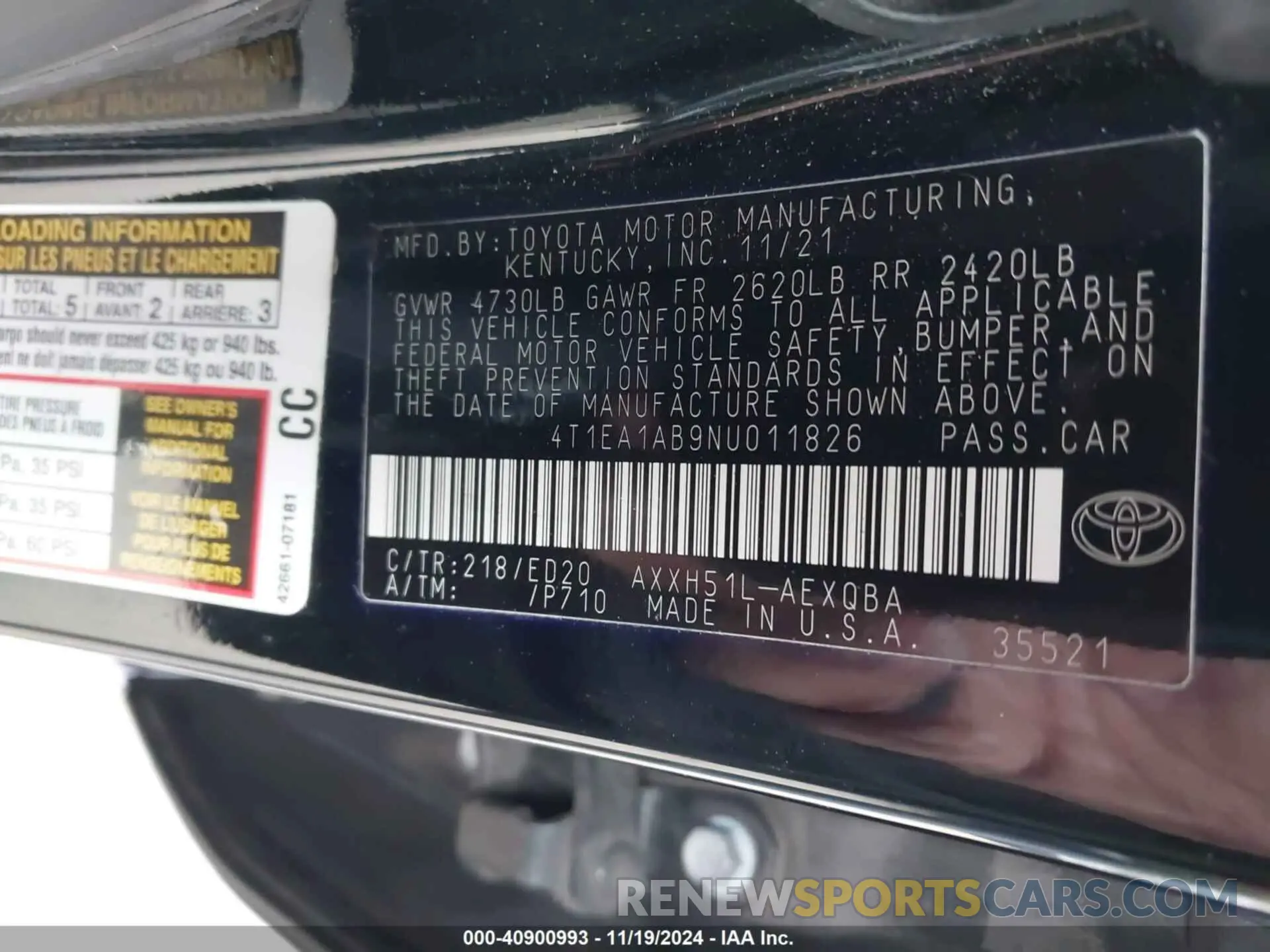 9 Photograph of a damaged car 4T1EA1AB9NU011826 TOYOTA AVALON 2022