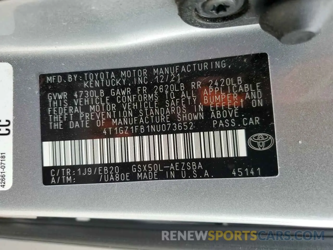 13 Photograph of a damaged car 4T1GZ1FB1NU073652 TOYOTA AVALON 2022