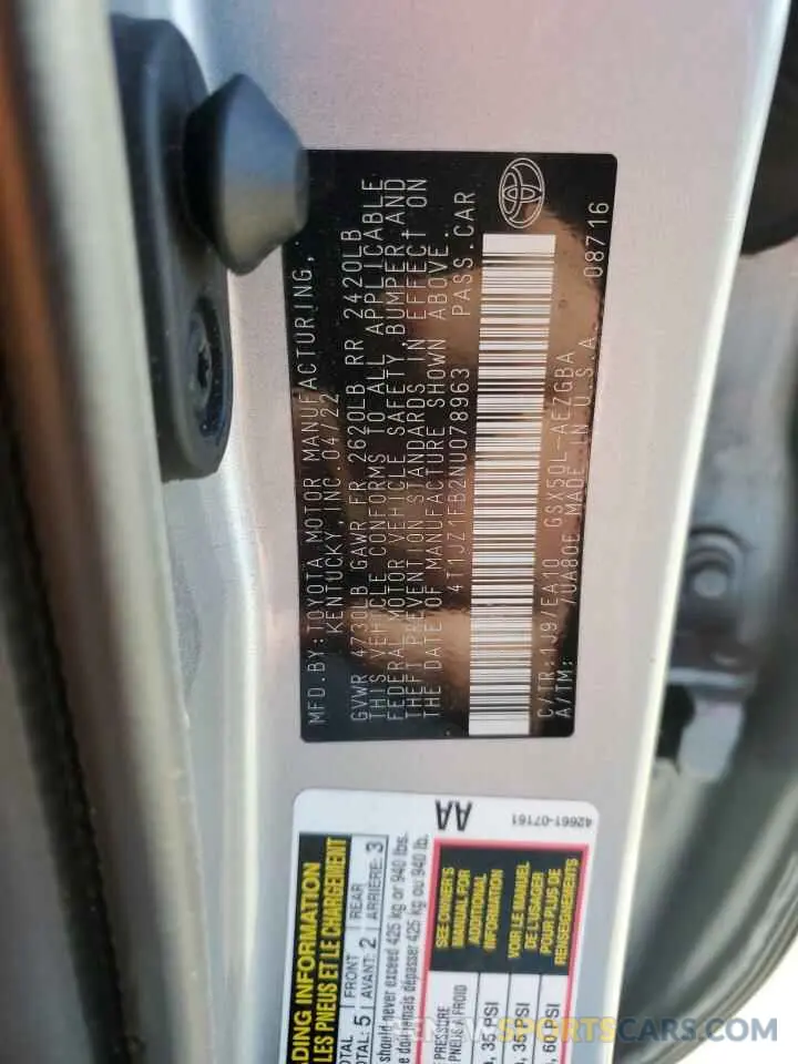 12 Photograph of a damaged car 4T1JZ1FB2NU078963 TOYOTA AVALON 2022