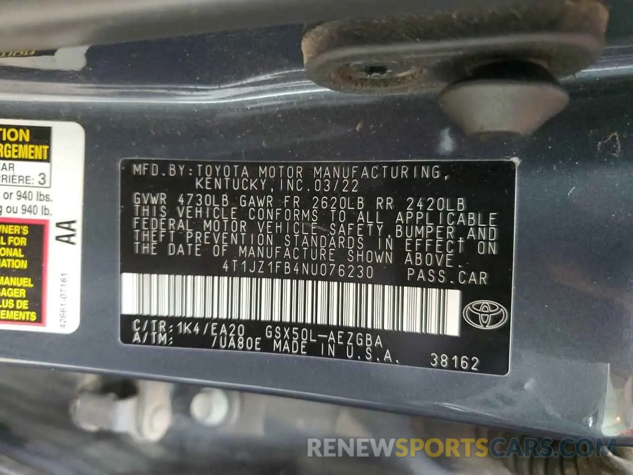 12 Photograph of a damaged car 4T1JZ1FB4NU076230 TOYOTA AVALON 2022