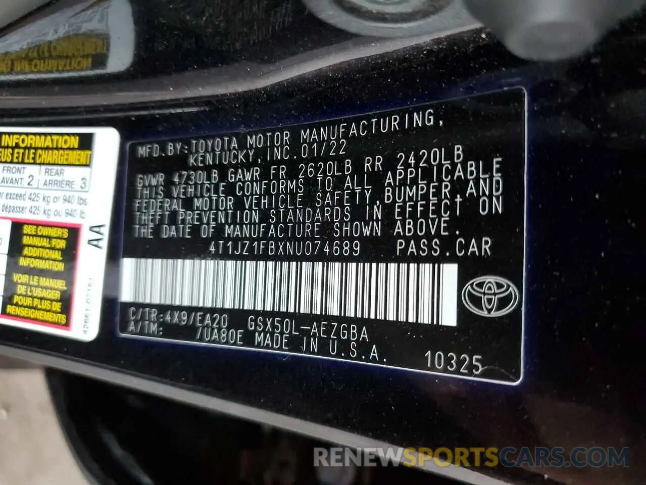 12 Photograph of a damaged car 4T1JZ1FBXNU074689 TOYOTA AVALON 2022