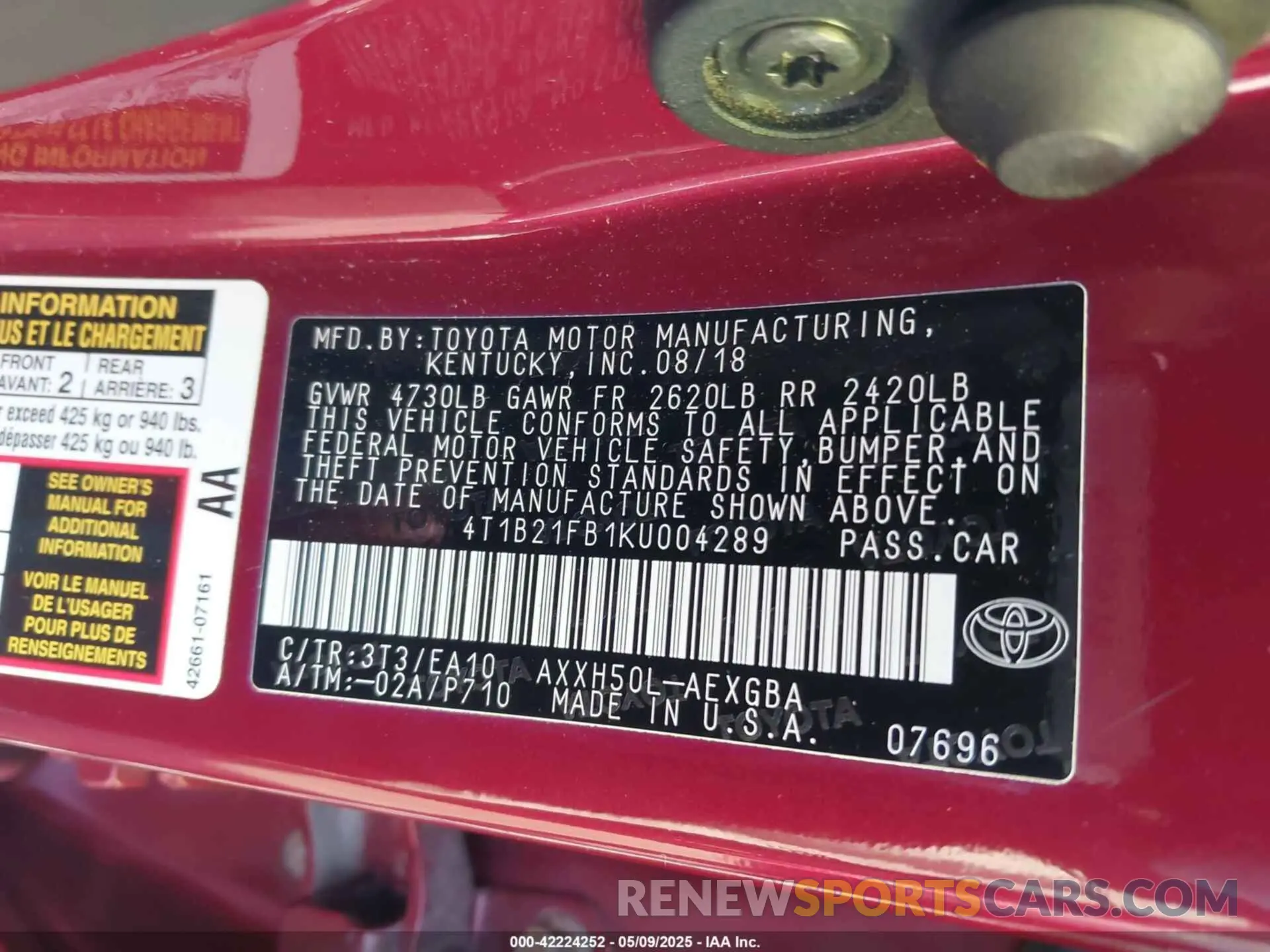 9 Photograph of a damaged car 4T1B21FB1KU004289 TOYOTA AVALON HYBRID 2019