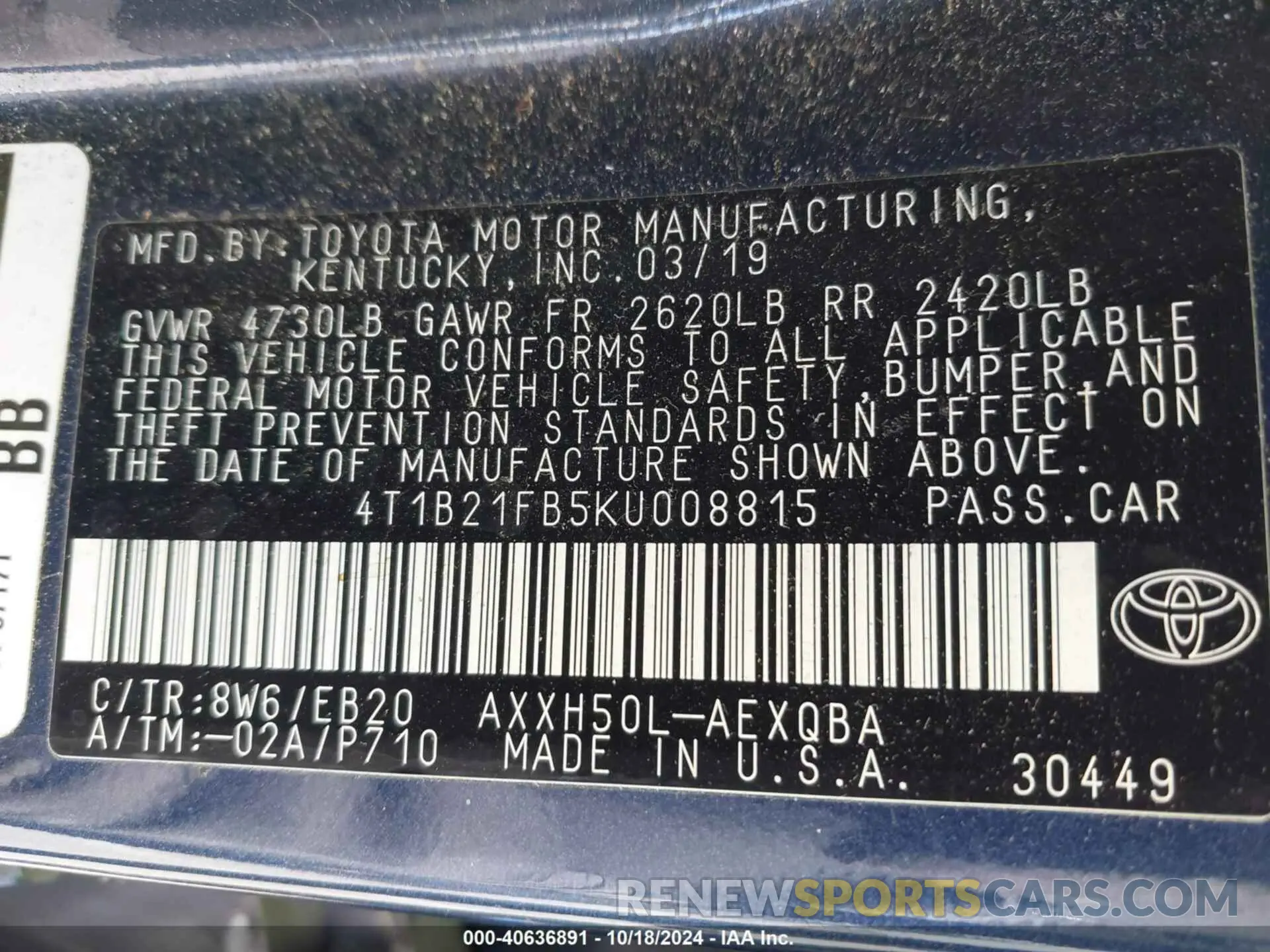 9 Photograph of a damaged car 4T1B21FB5KU008815 TOYOTA AVALON HYBRID 2019