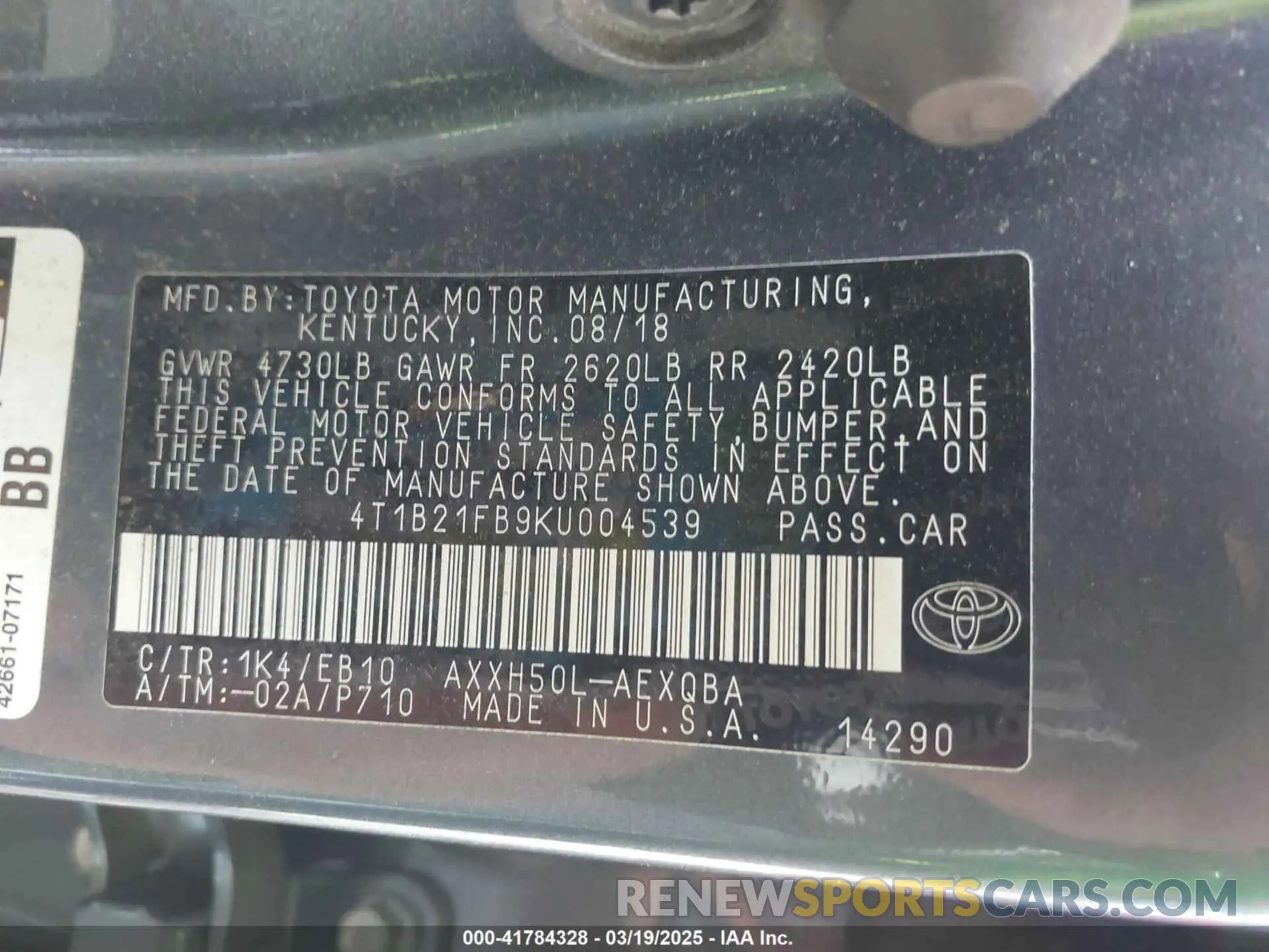 9 Photograph of a damaged car 4T1B21FB9KU004539 TOYOTA AVALON HYBRID 2019