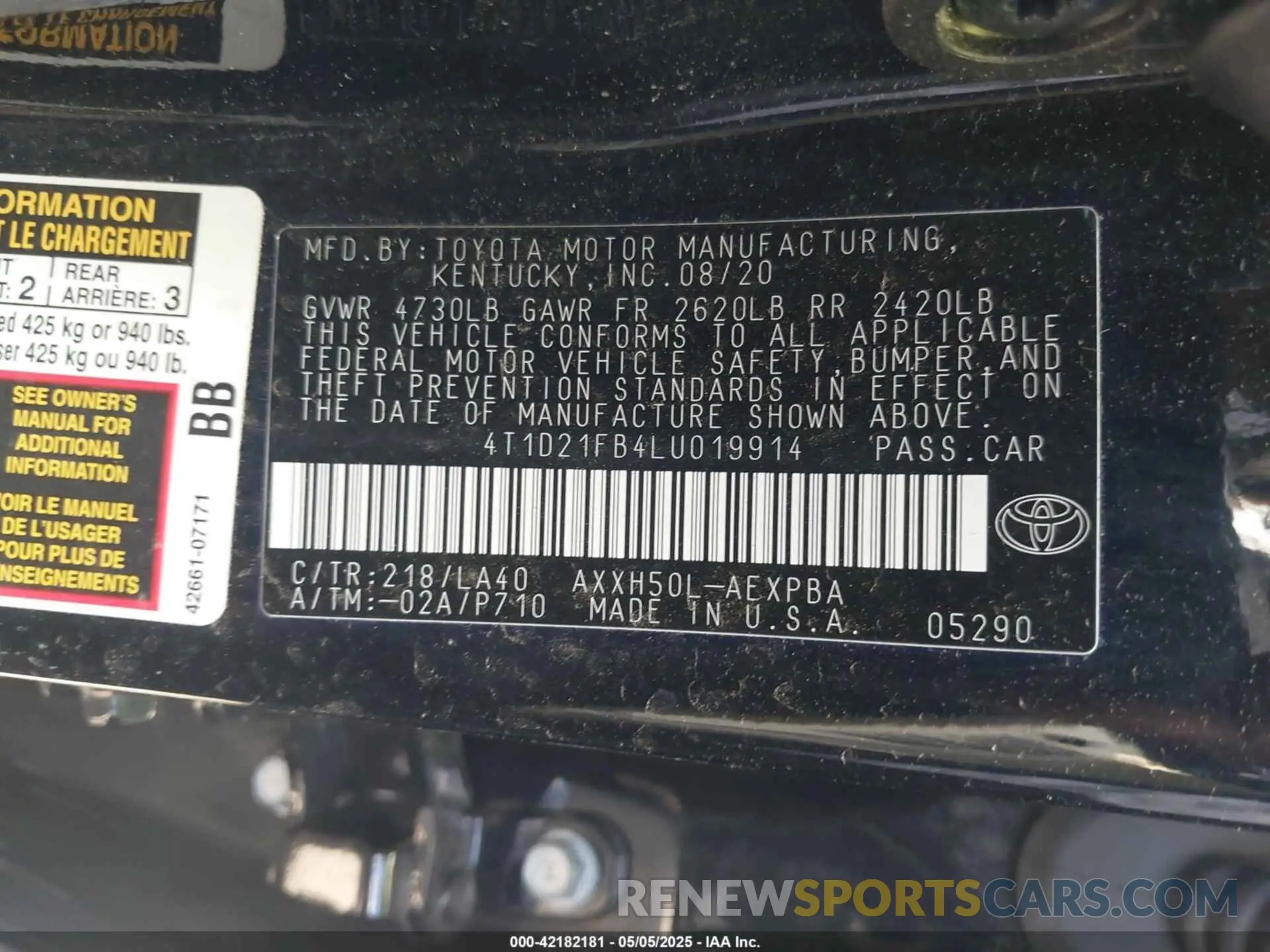 9 Photograph of a damaged car 4T1D21FB4LU019914 TOYOTA AVALON HYBRID 2020
