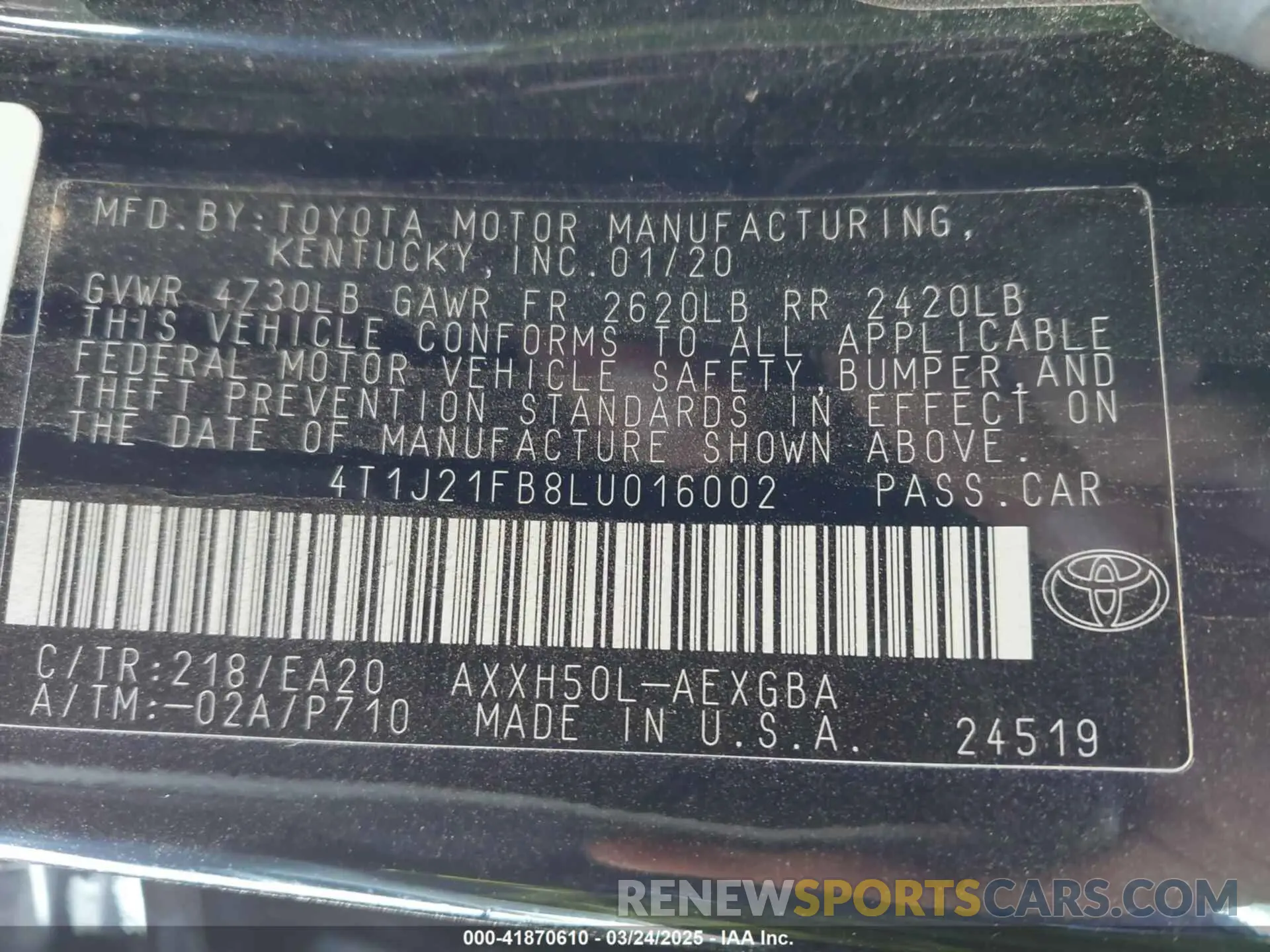 9 Photograph of a damaged car 4T1J21FB8LU016002 TOYOTA AVALON HYBRID 2020