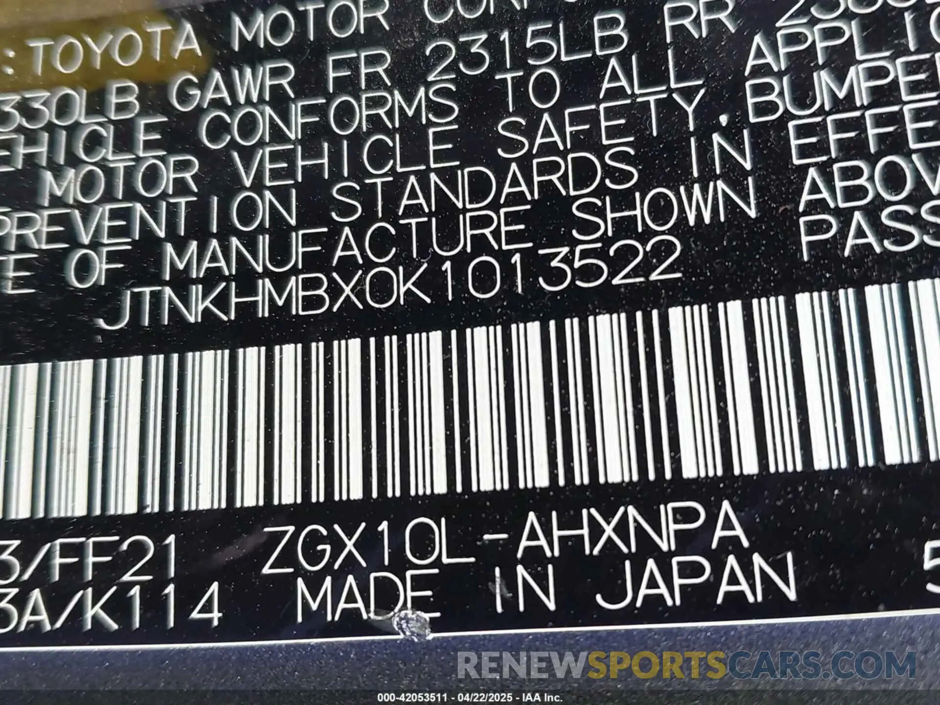 9 Photograph of a damaged car JTNKHMBX0K1013522 TOYOTA C-HR 2019