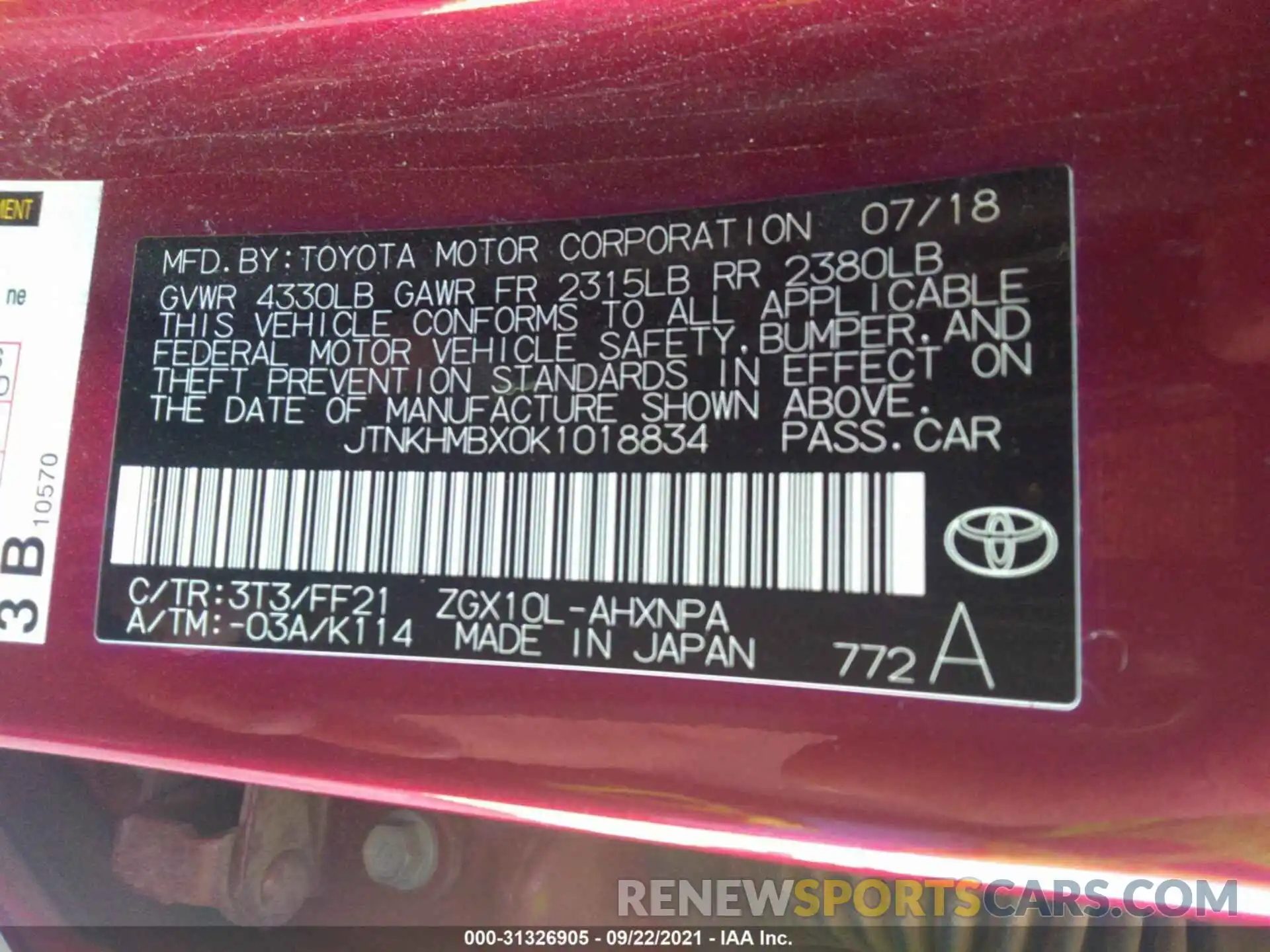 9 Photograph of a damaged car JTNKHMBX0K1018834 TOYOTA C-HR 2019